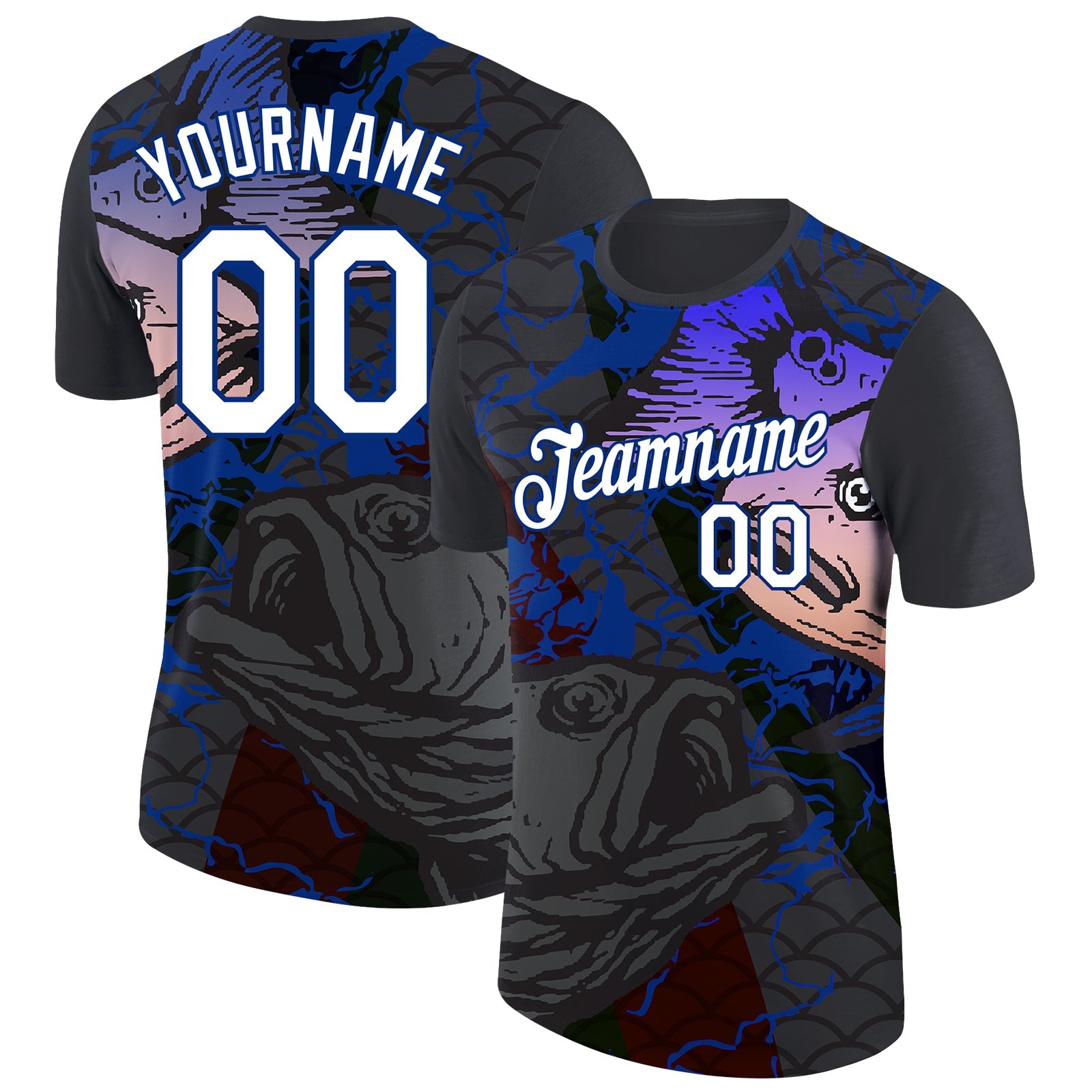 Custom Black White-Royal 3D Pattern Design Fish Performance T-Shirt - Main View