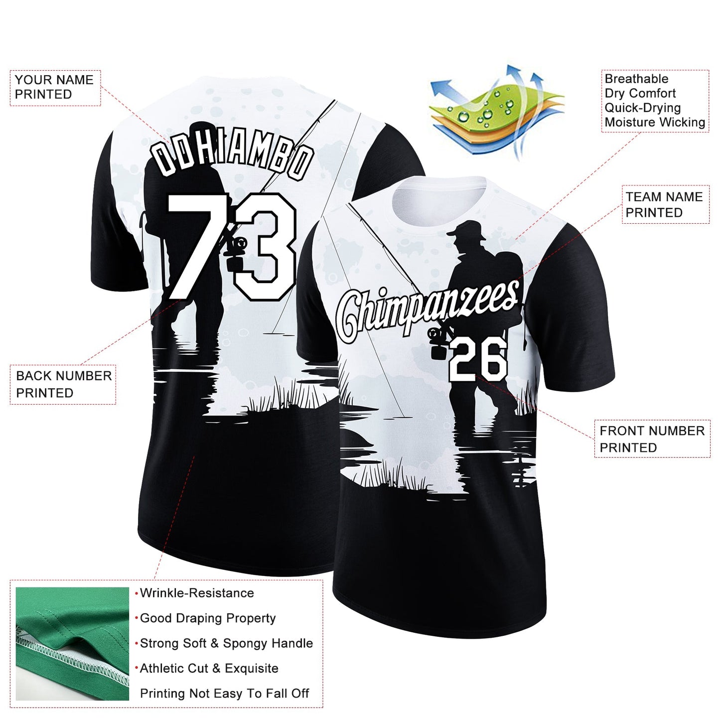 Custom White Black 3D Pattern Design Fishing Performance T-Shirt view 3