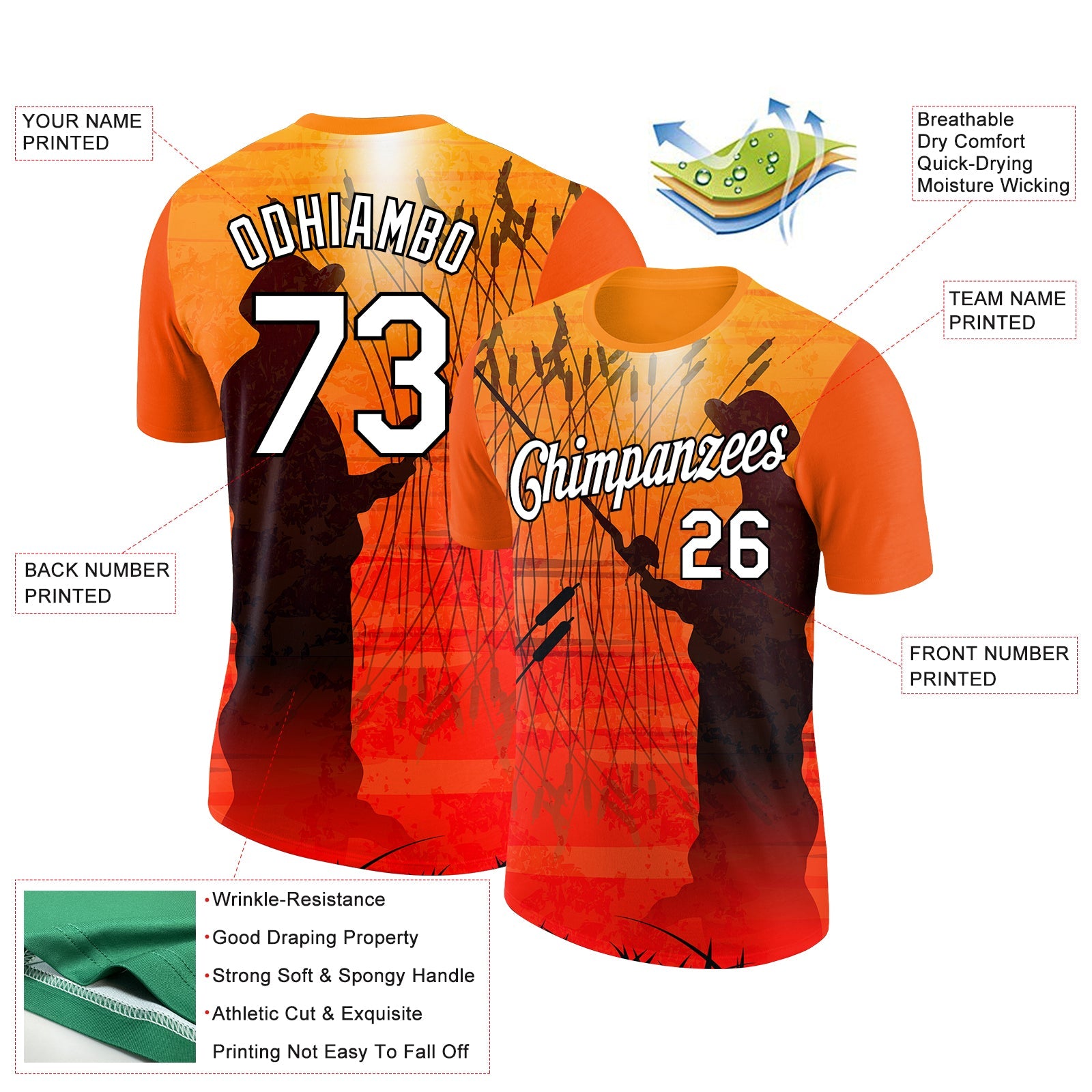 Custom Orange White-Black 3D Pattern Design Fishing Performance T-Shirt view 3