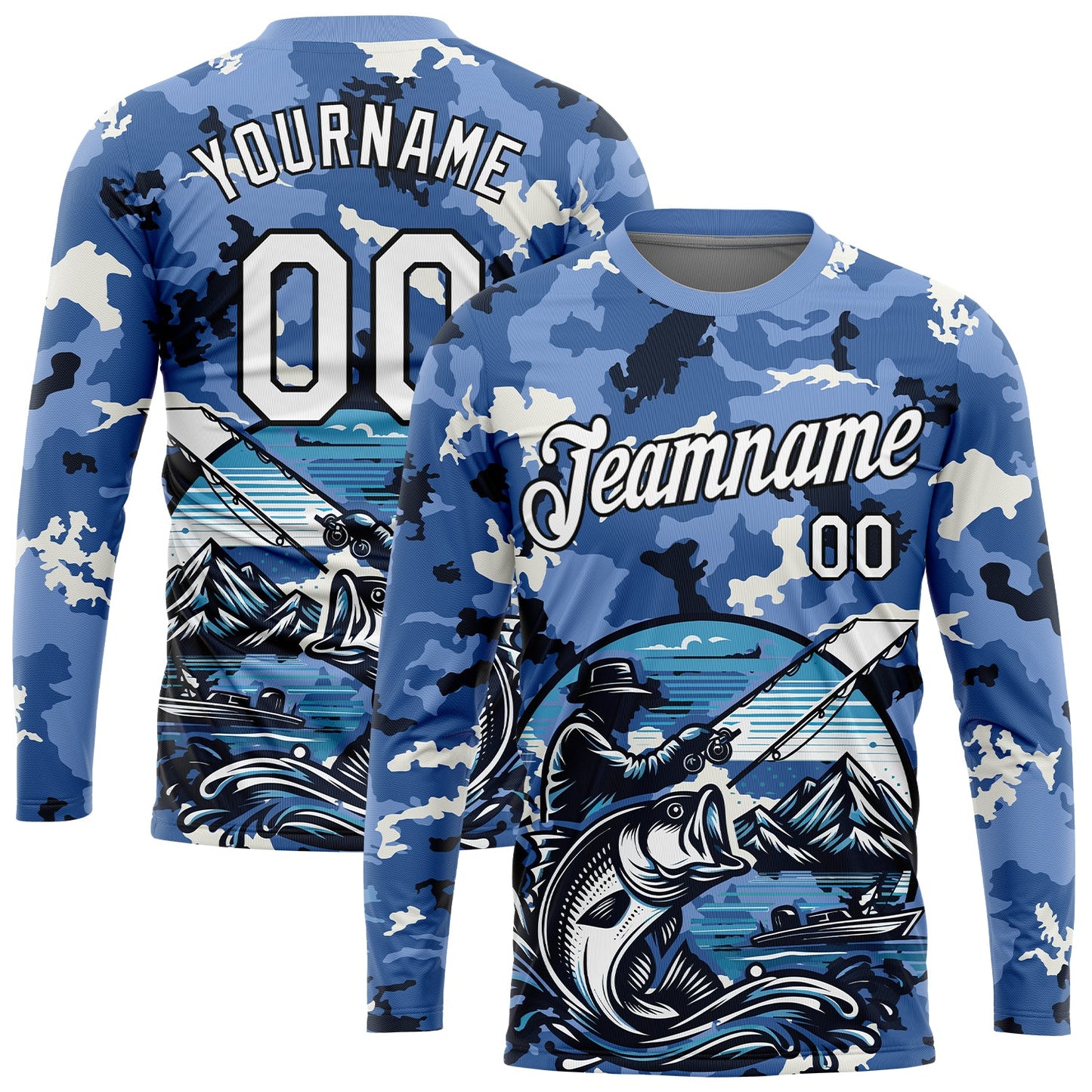 Custom Light Blue White-Black 3D Pattern Design Big Bass Fish Fishing Performance T-Shirt view 2