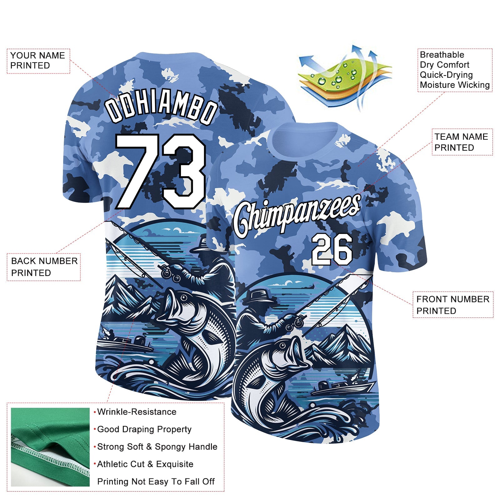 Custom Light Blue White-Black 3D Pattern Design Big Bass Fish Fishing Performance T-Shirt view 3