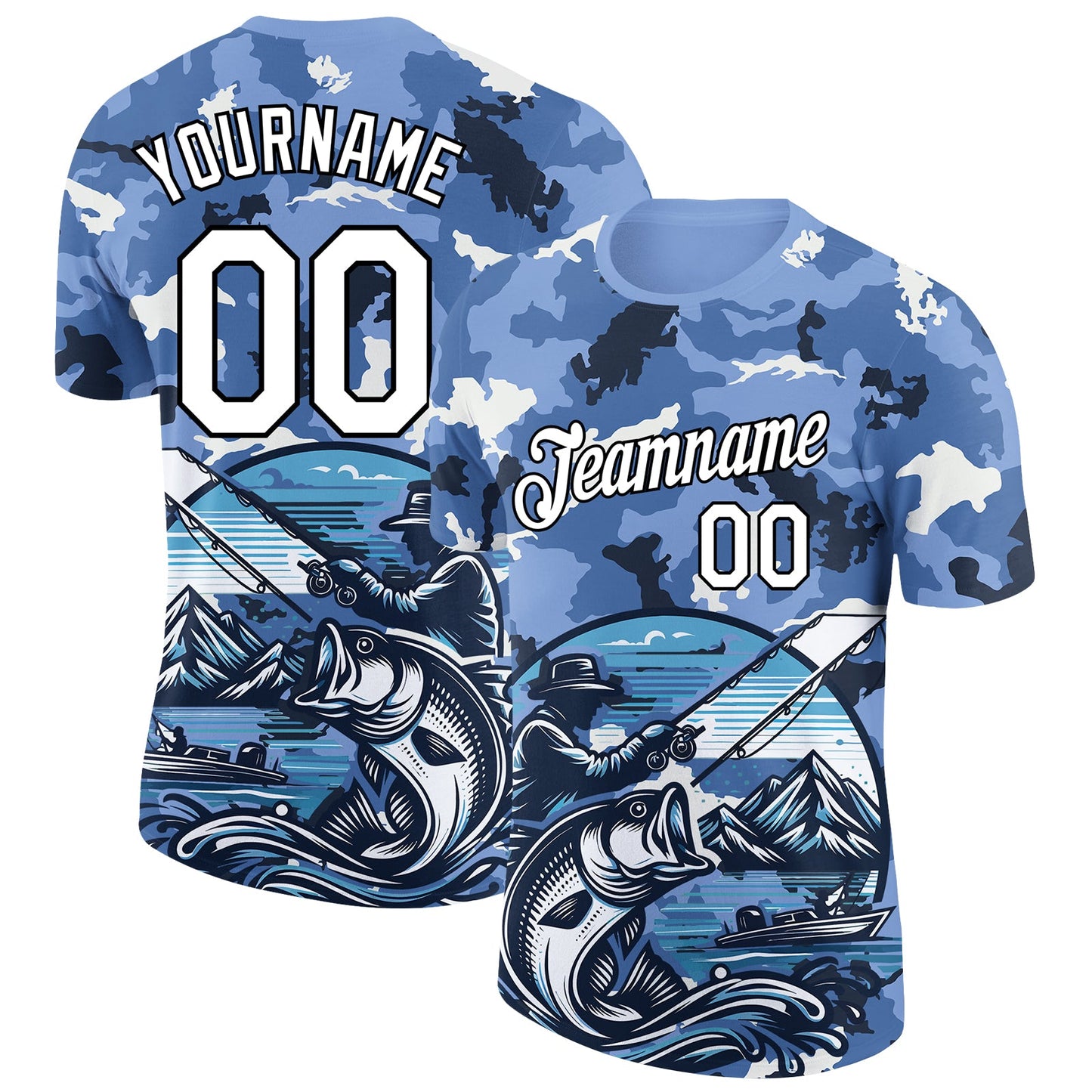 Custom Light Blue White-Black 3D Pattern Design Big Bass Fish Fishing Performance T-Shirt - Main View