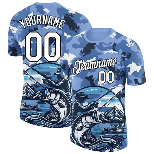 Custom Light Blue White-Black 3D Pattern Design Big Bass Fish Fishing Performance T-Shirt - Main View