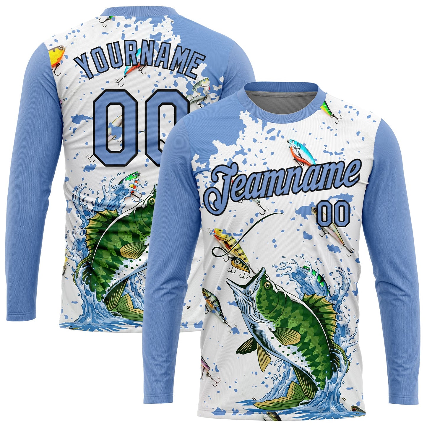 Custom White Light Blue-Black 3D Pattern Design Big Bass Fish Fishing Performance T-Shirt view 2