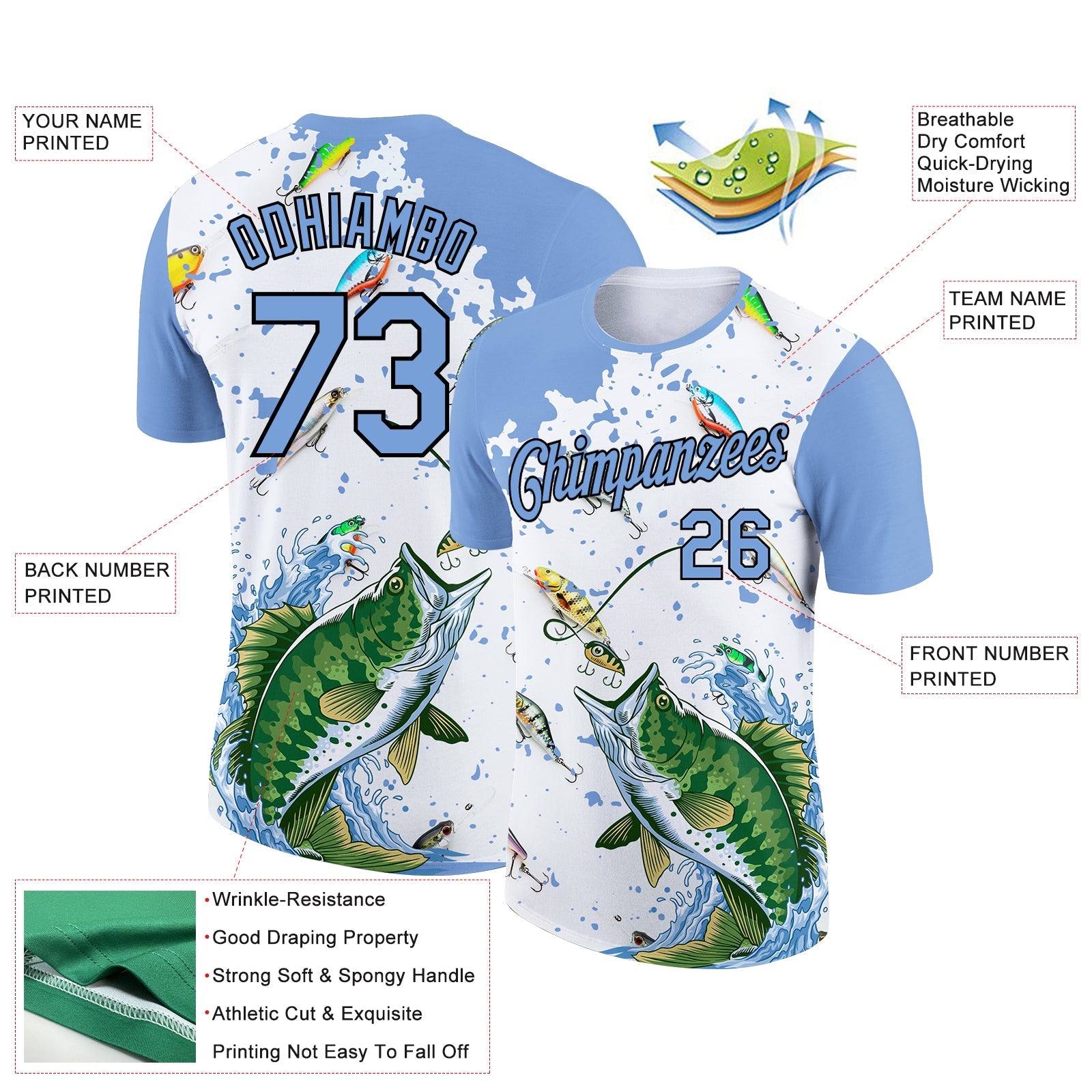 Custom White Light Blue-Black 3D Pattern Design Big Bass Fish Fishing Performance T-Shirt view 3