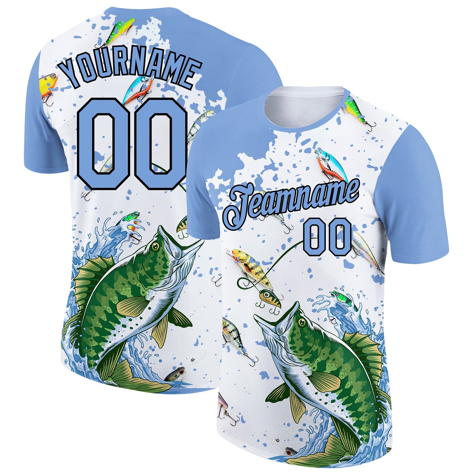 Custom White Light Blue-Black 3D Pattern Design Big Bass Fish Fishing Performance T-Shirt - Main View