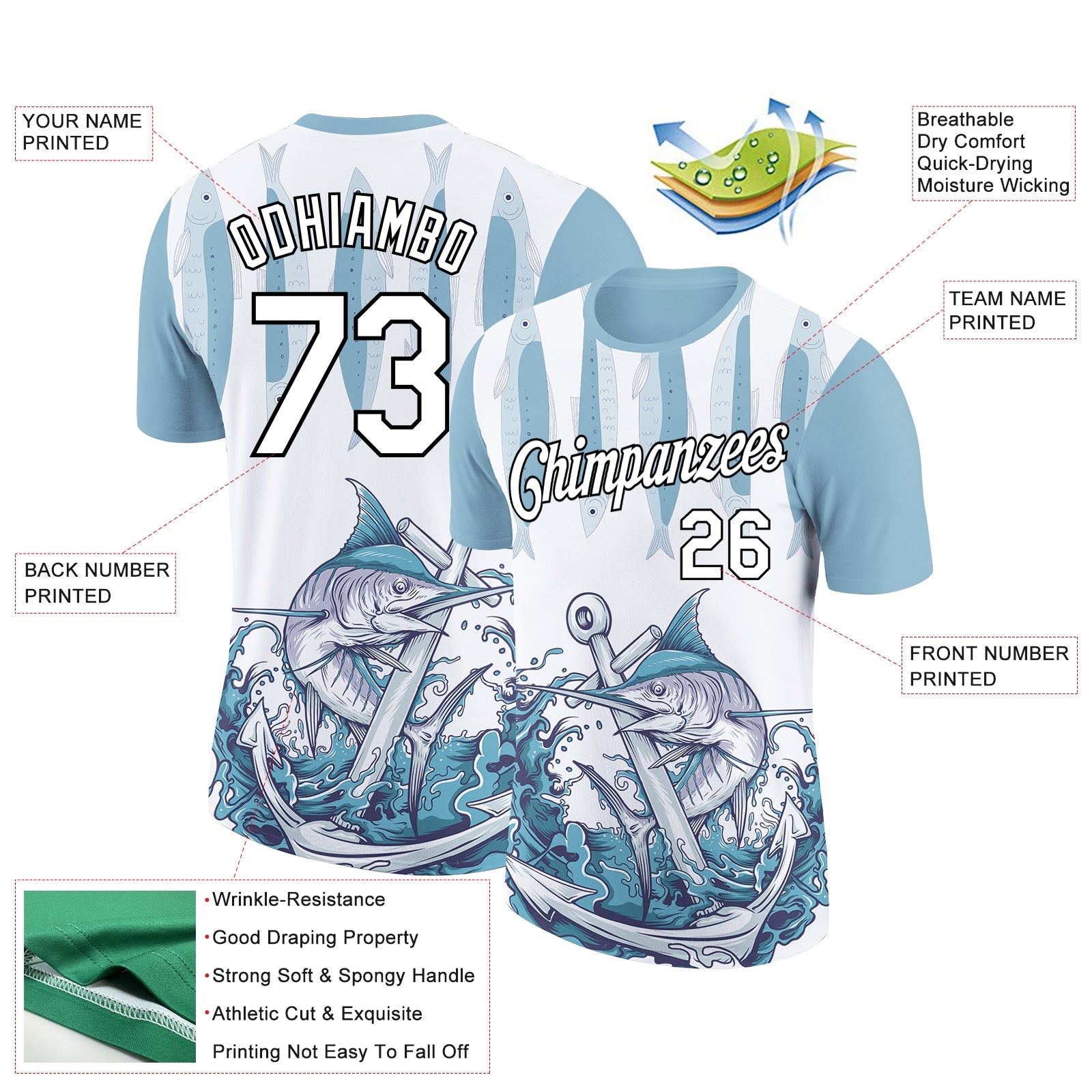 Custom White Black-Panther Blue 3D Pattern Design Marlin Fish Fishing Performance T-Shirt view 3