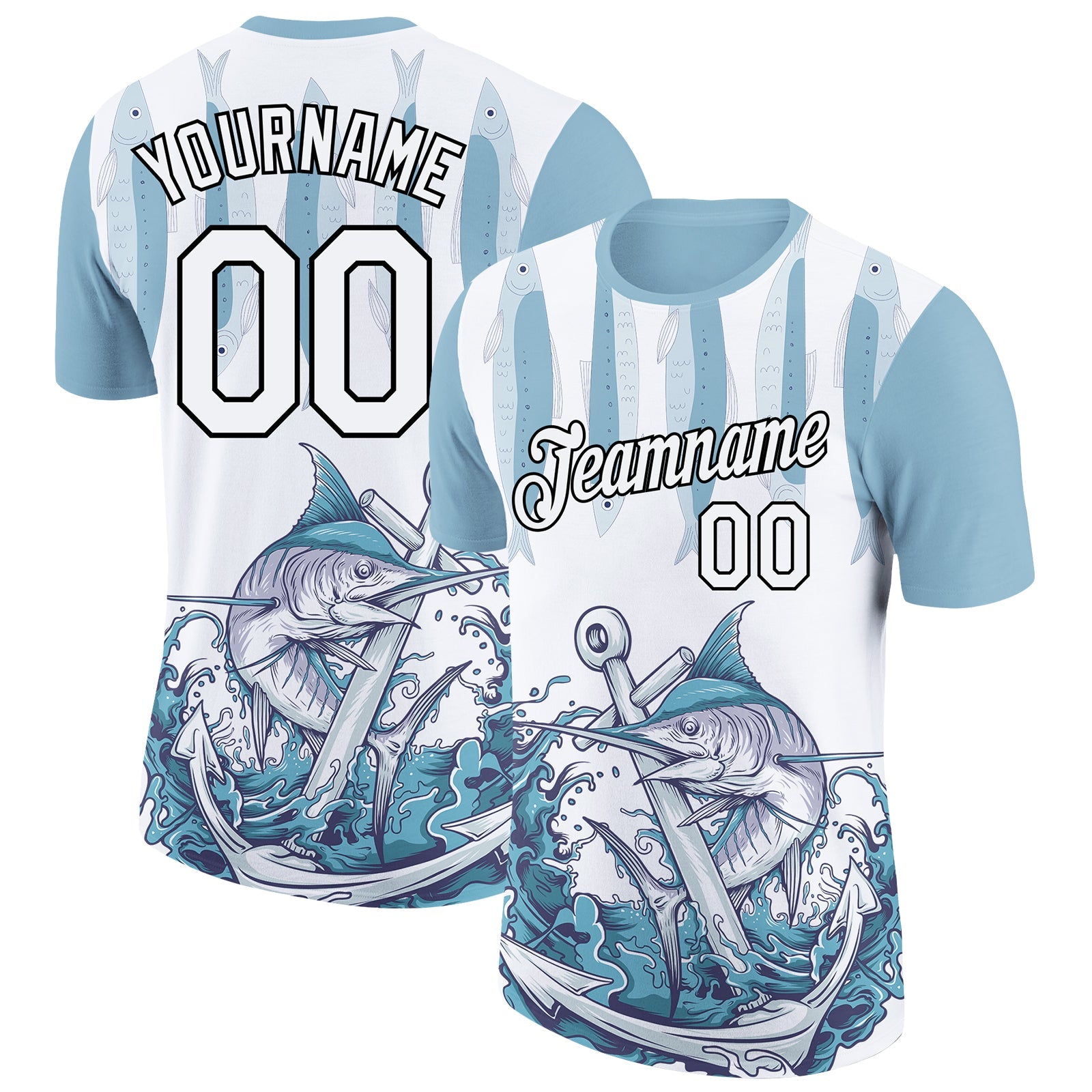 Custom White Black-Panther Blue 3D Pattern Design Marlin Fish Fishing Performance T-Shirt - Main View