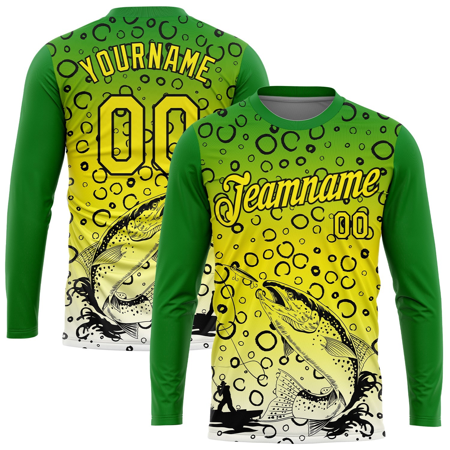 Custom Grass Green Light Yellow-Black 3D Pattern Design Trout Fish Fishing Performance T-Shirt view 2