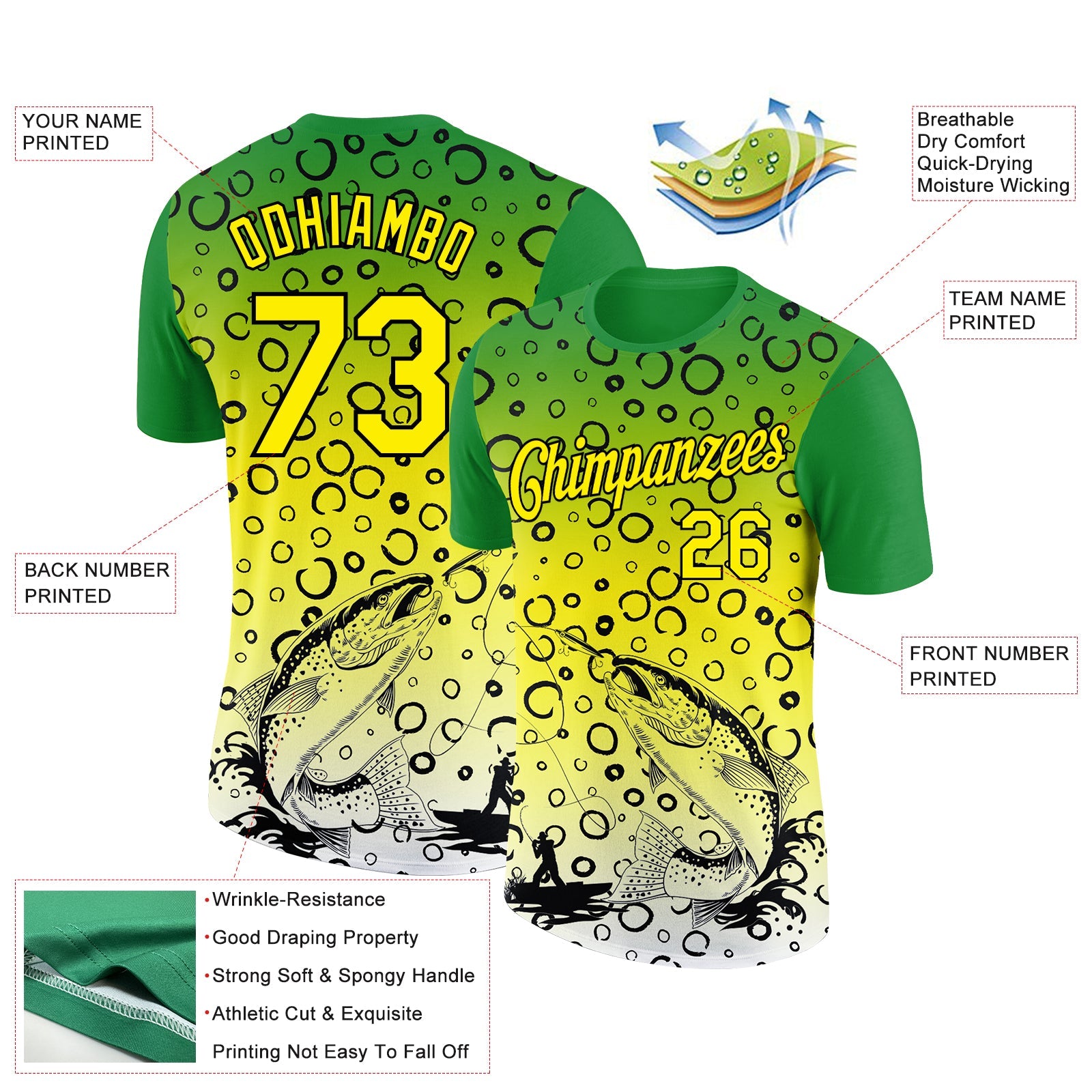 Custom Grass Green Light Yellow-Black 3D Pattern Design Trout Fish Fishing Performance T-Shirt view 3