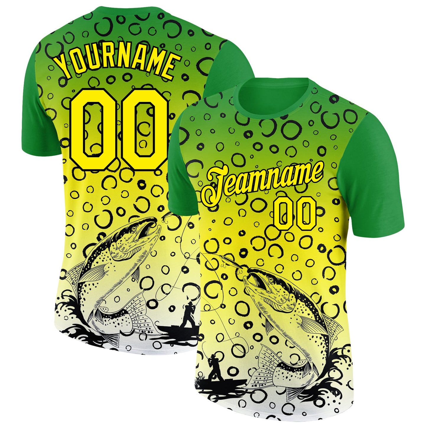 Custom Grass Green Light Yellow-Black 3D Pattern Design Trout Fish Fishing Performance T-Shirt - Main View