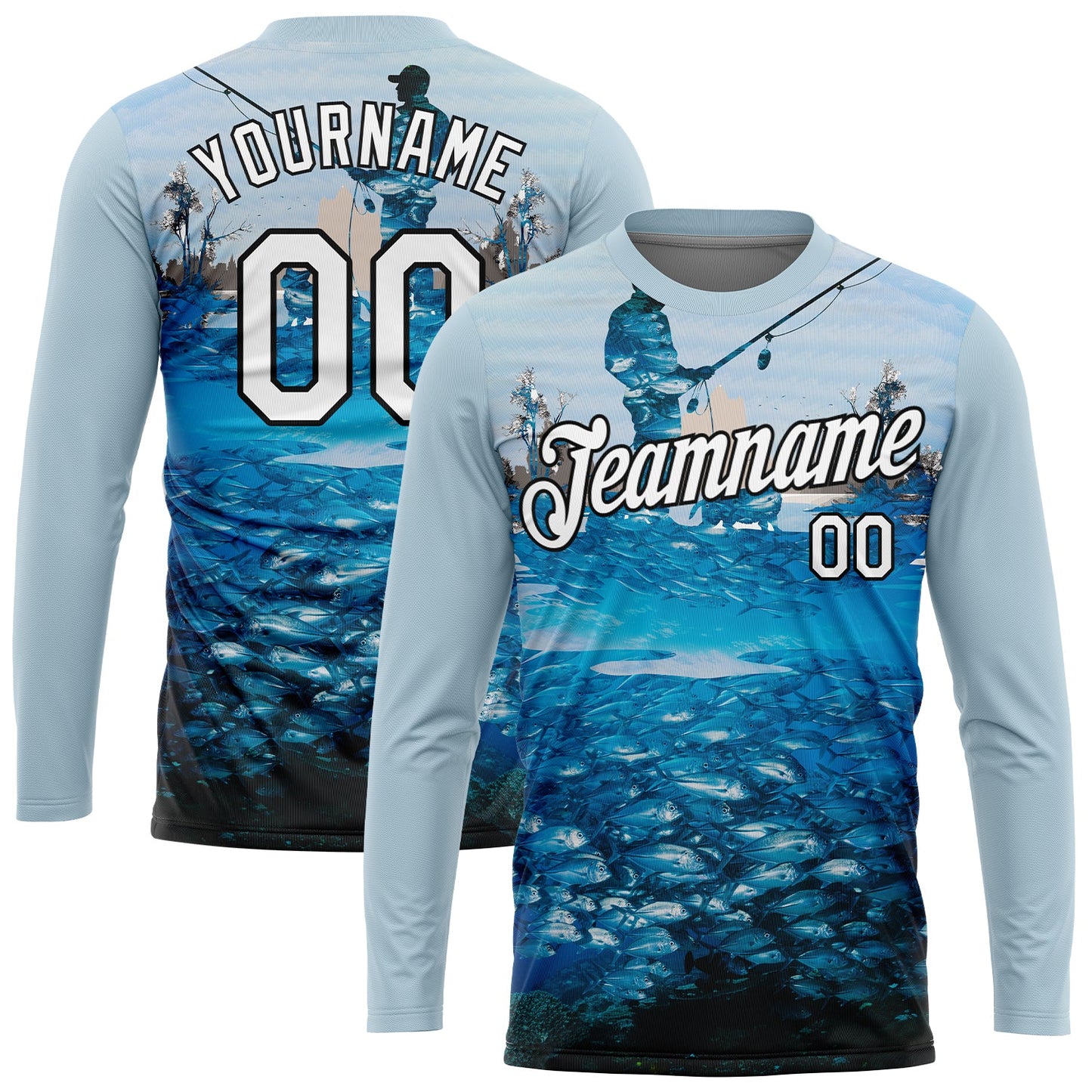 Custom Light Blue White-Black 3D Pattern Design Fishing Performance T-Shirt view 2