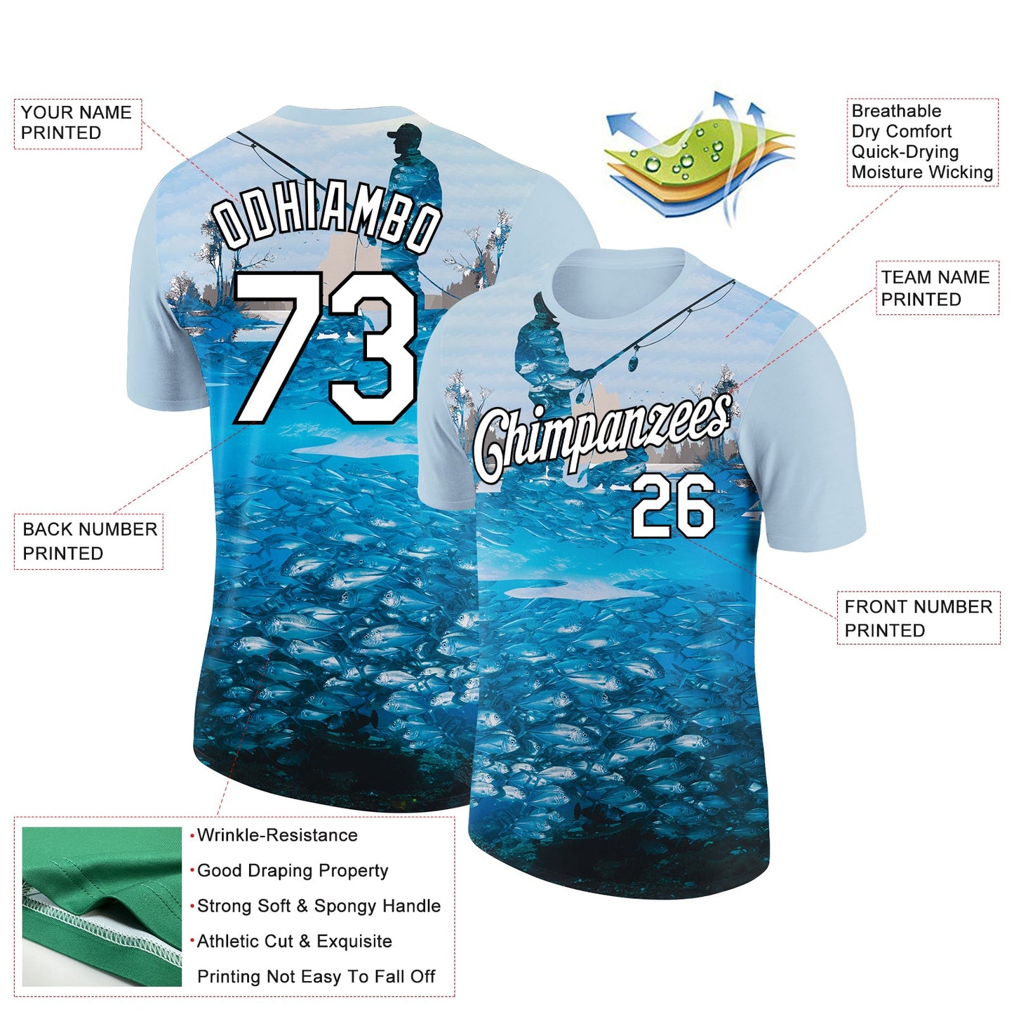 Custom Light Blue White-Black 3D Pattern Design Fishing Performance T-Shirt view 3