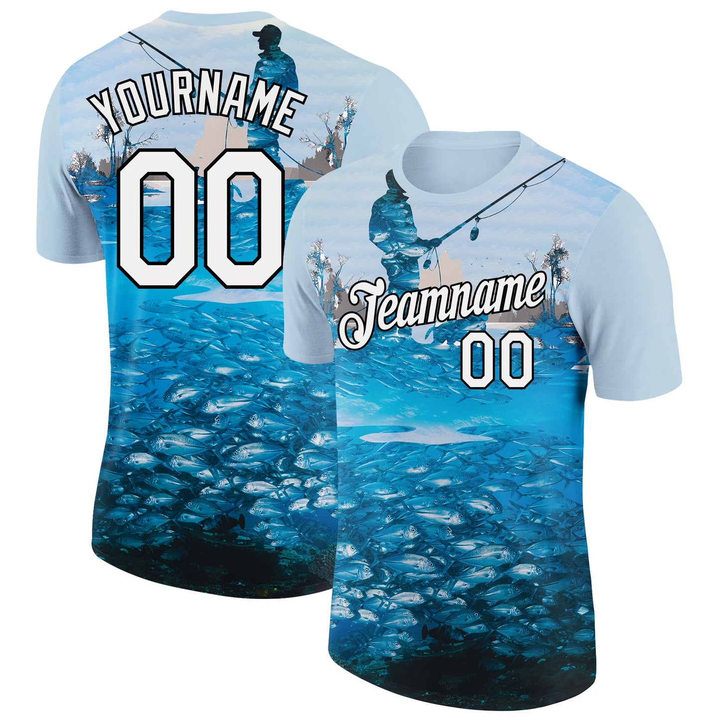 Custom Light Blue White-Black 3D Pattern Design Fishing Performance T-Shirt - Main View
