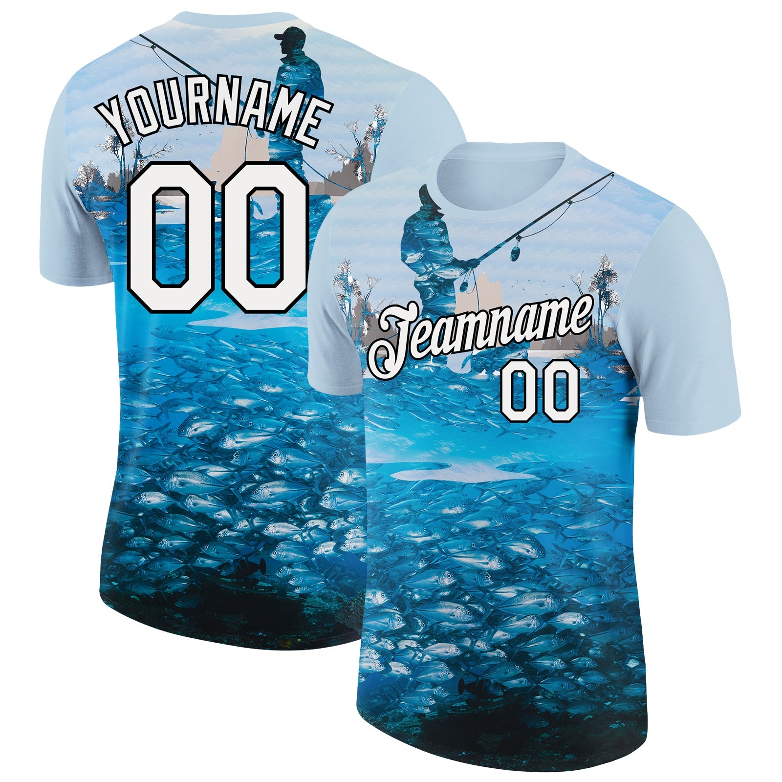 Custom Light Blue White-Black 3D Pattern Design Fishing Performance T-Shirt - Main View