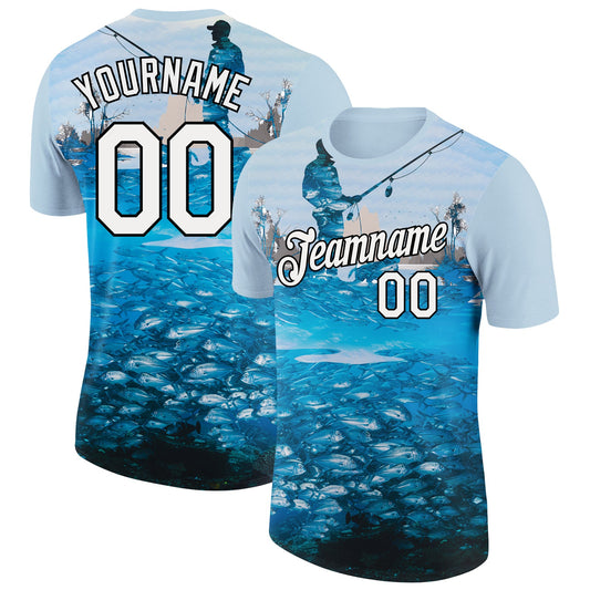 Custom Light Blue White-Black 3D Pattern Design Fishing Performance T-Shirt - Main View