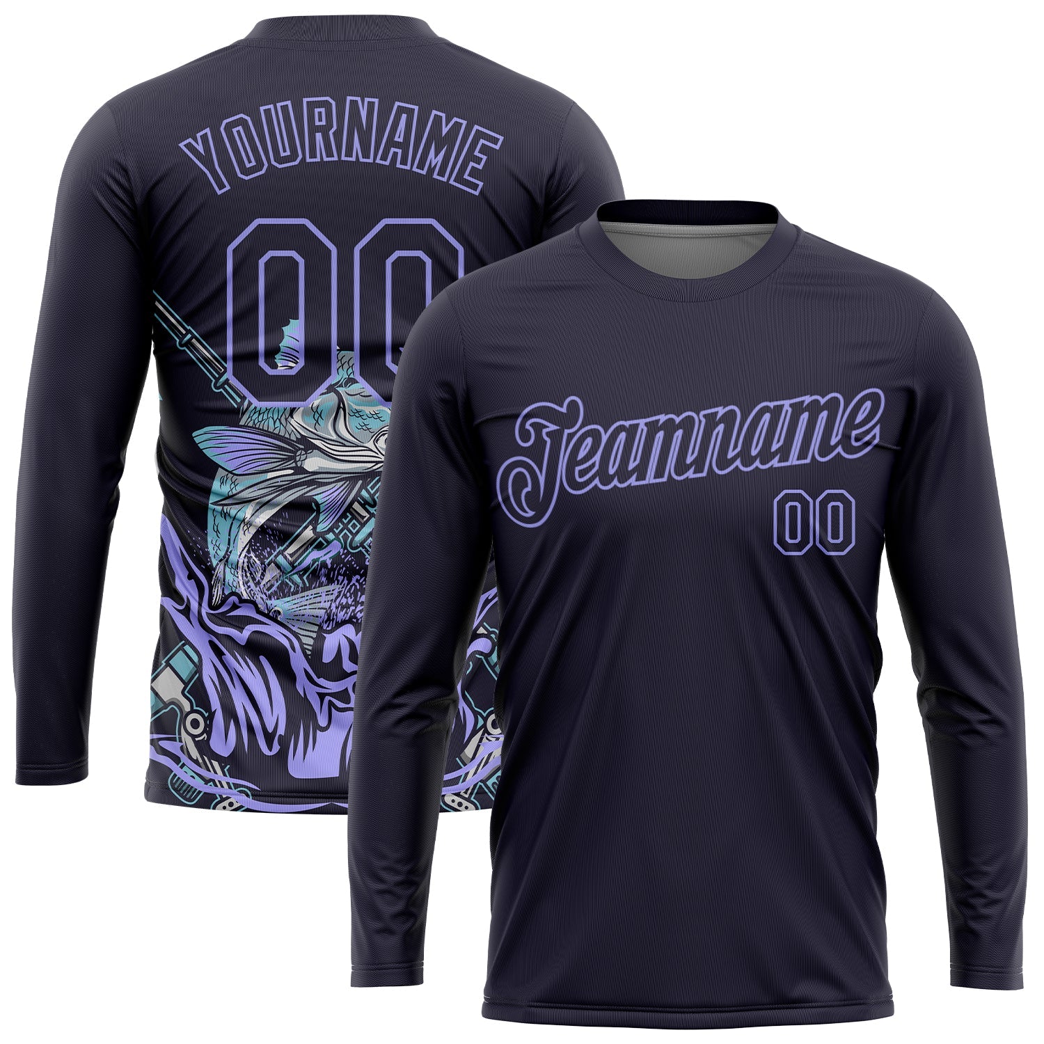 Custom Navy Light Purple 3D Pattern Design Fishing Performance T-Shirt view 2