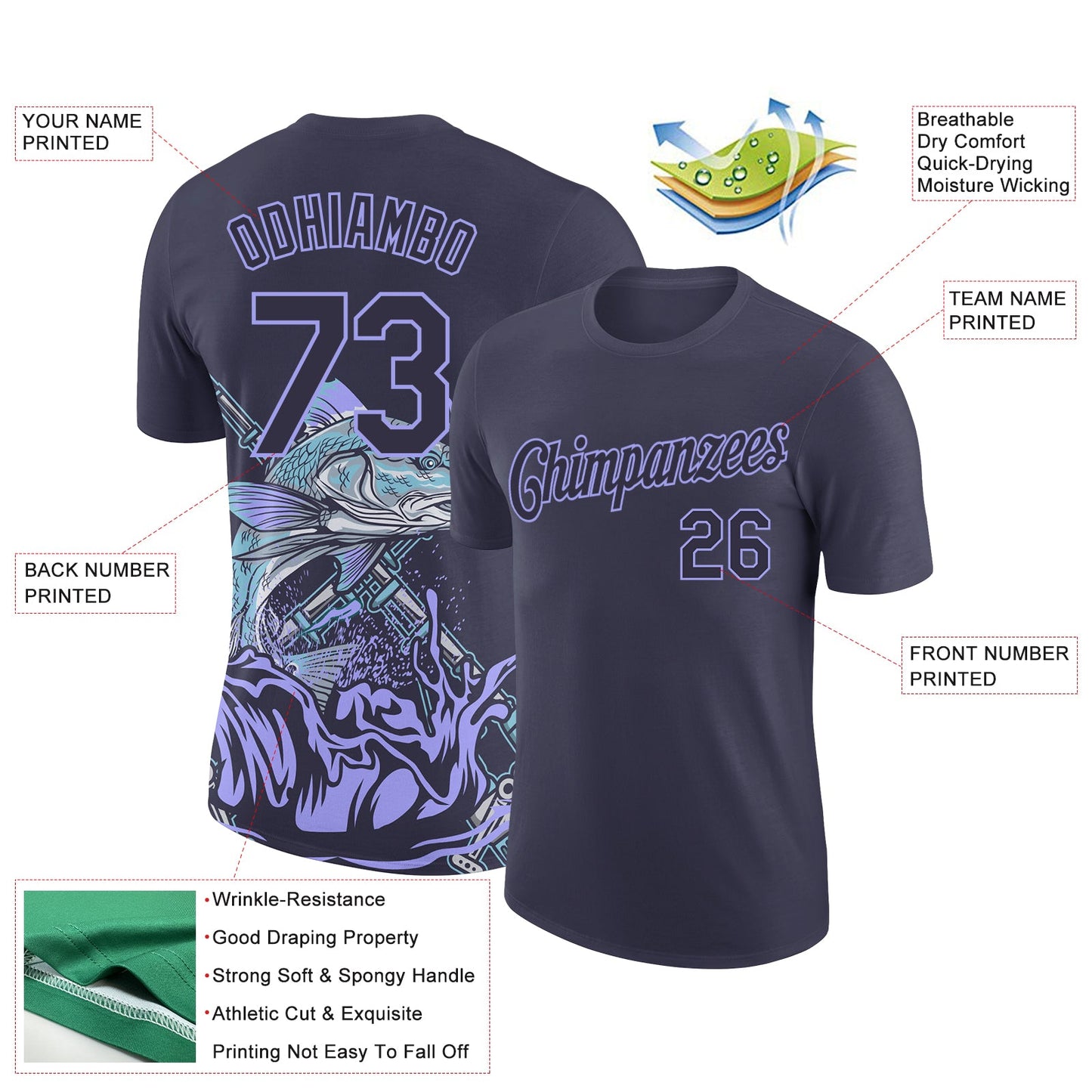 Custom Navy Light Purple 3D Pattern Design Fishing Performance T-Shirt view 3