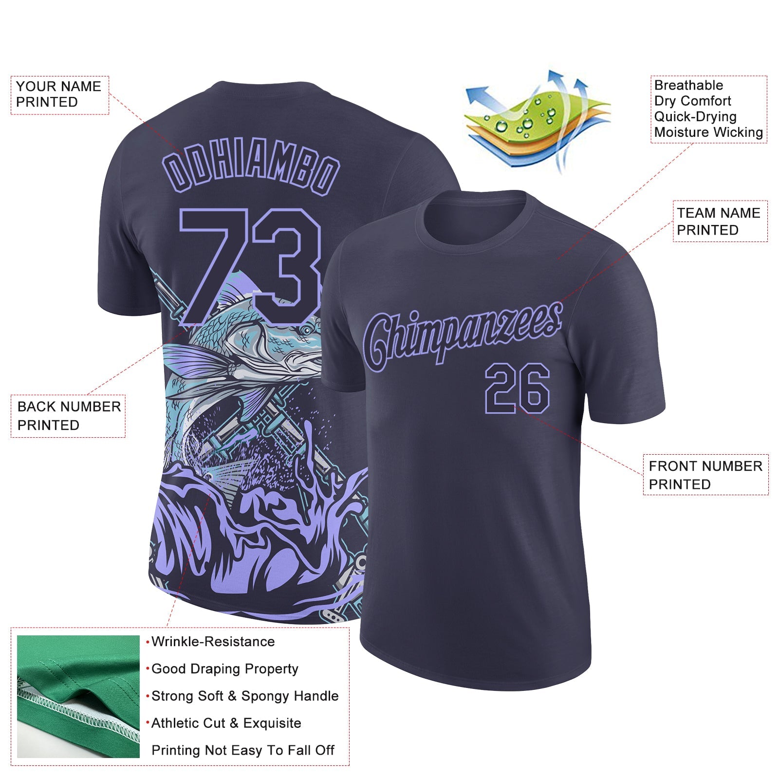 Custom Navy Light Purple 3D Pattern Design Fishing Performance T-Shirt view 3