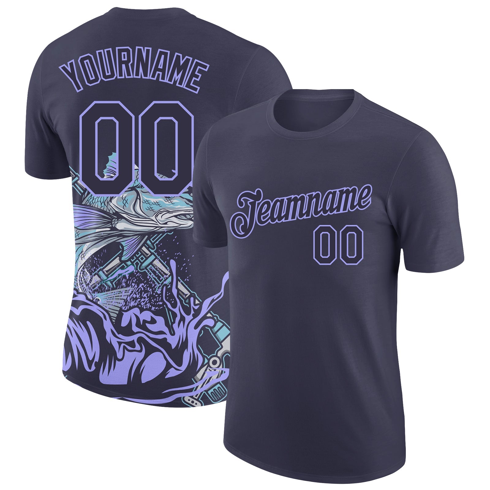 Custom Navy Light Purple 3D Pattern Design Fishing Performance T-Shirt - Main View