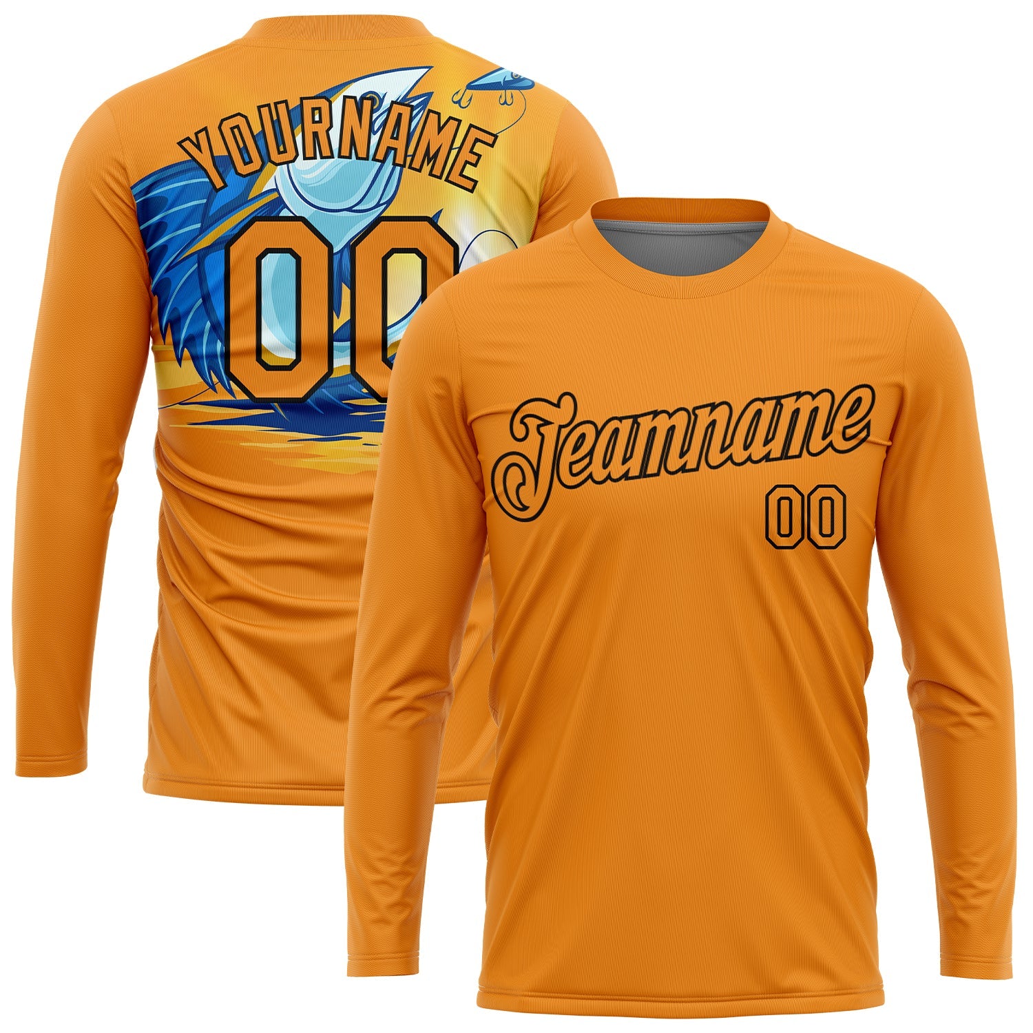 Custom Bay Orange Black 3D Pattern Design Fishing Fish Hook Performance T-Shirt view 2