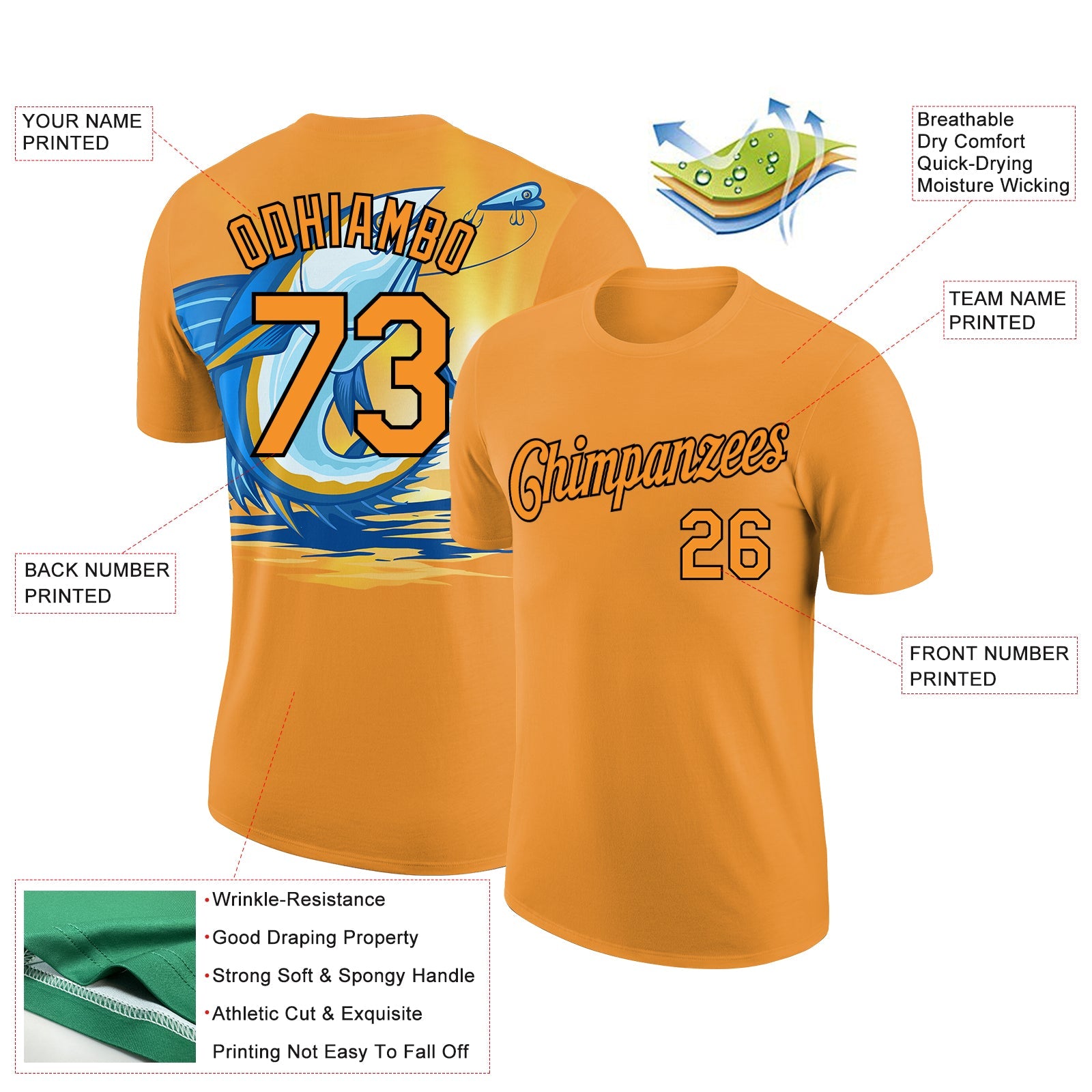 Custom Bay Orange Black 3D Pattern Design Fishing Fish Hook Performance T-Shirt view 3