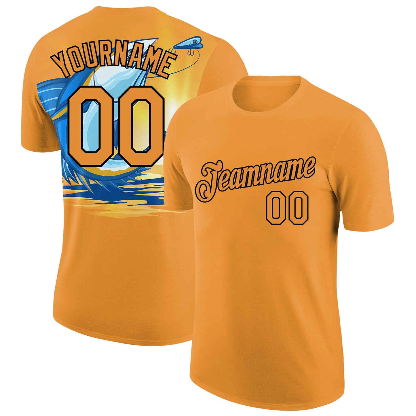 Custom Bay Orange Black 3D Pattern Design Fishing Fish Hook Performance T-Shirt - Main View