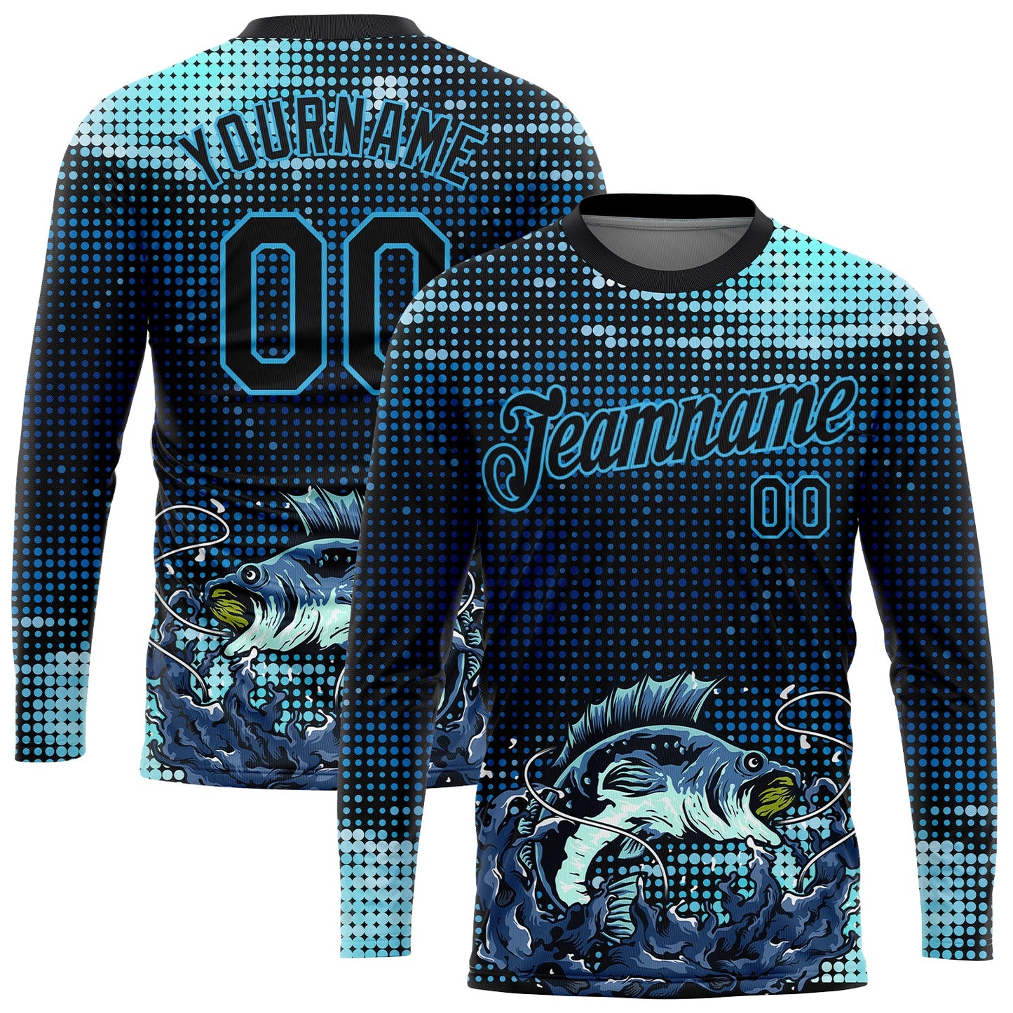 Custom Sky Blue Black 3D Pattern Design Fishing Performance T-Shirt view 2