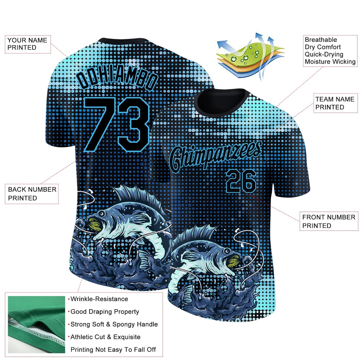 Custom Sky Blue Black 3D Pattern Design Fishing Performance T-Shirt view 3