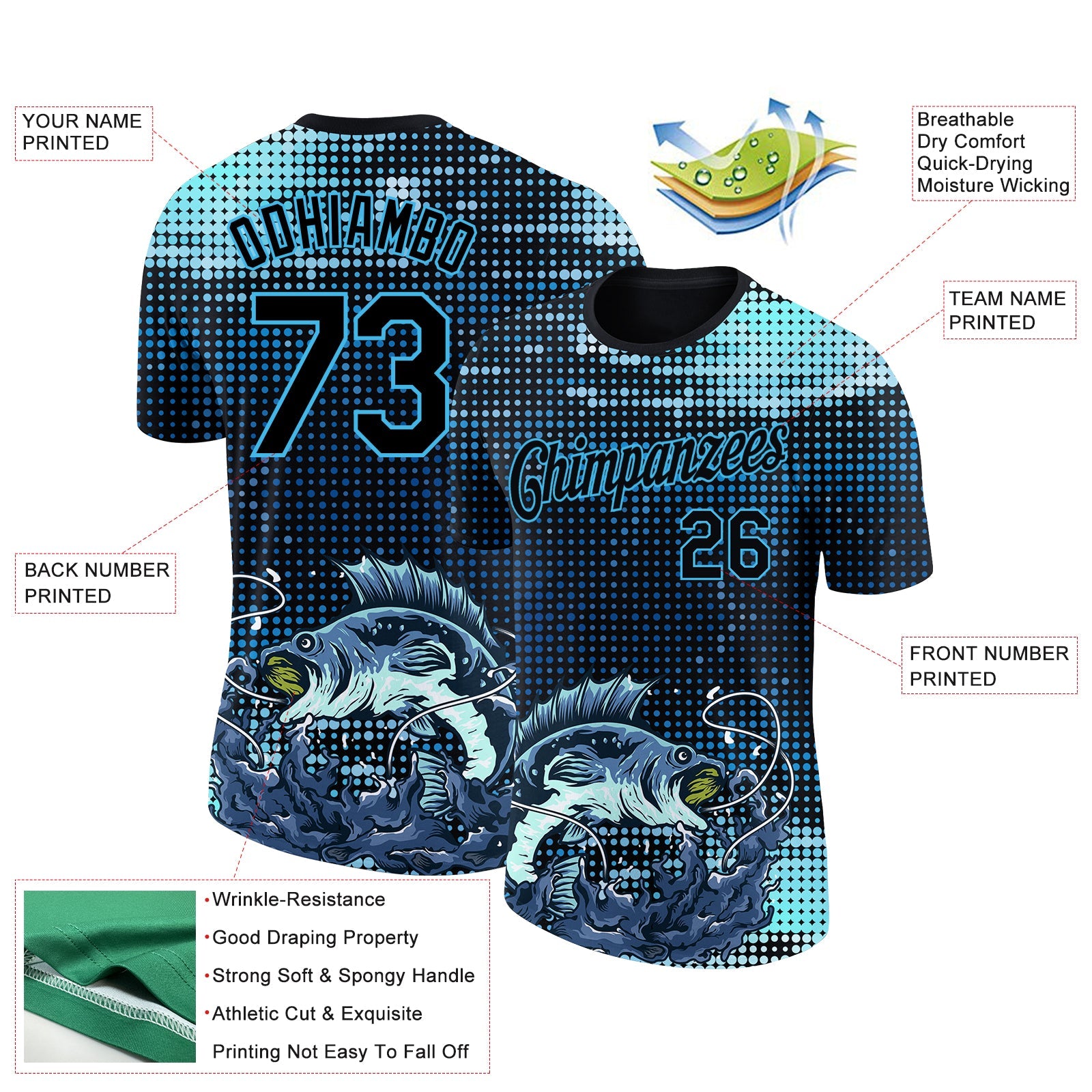 Custom Sky Blue Black 3D Pattern Design Fishing Performance T-Shirt view 3