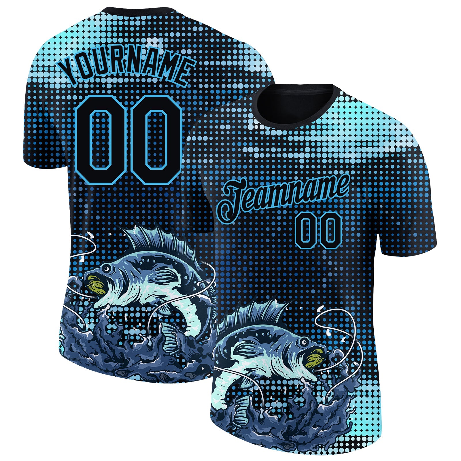 Custom Sky Blue Black 3D Pattern Design Fishing Performance T-Shirt - Main View