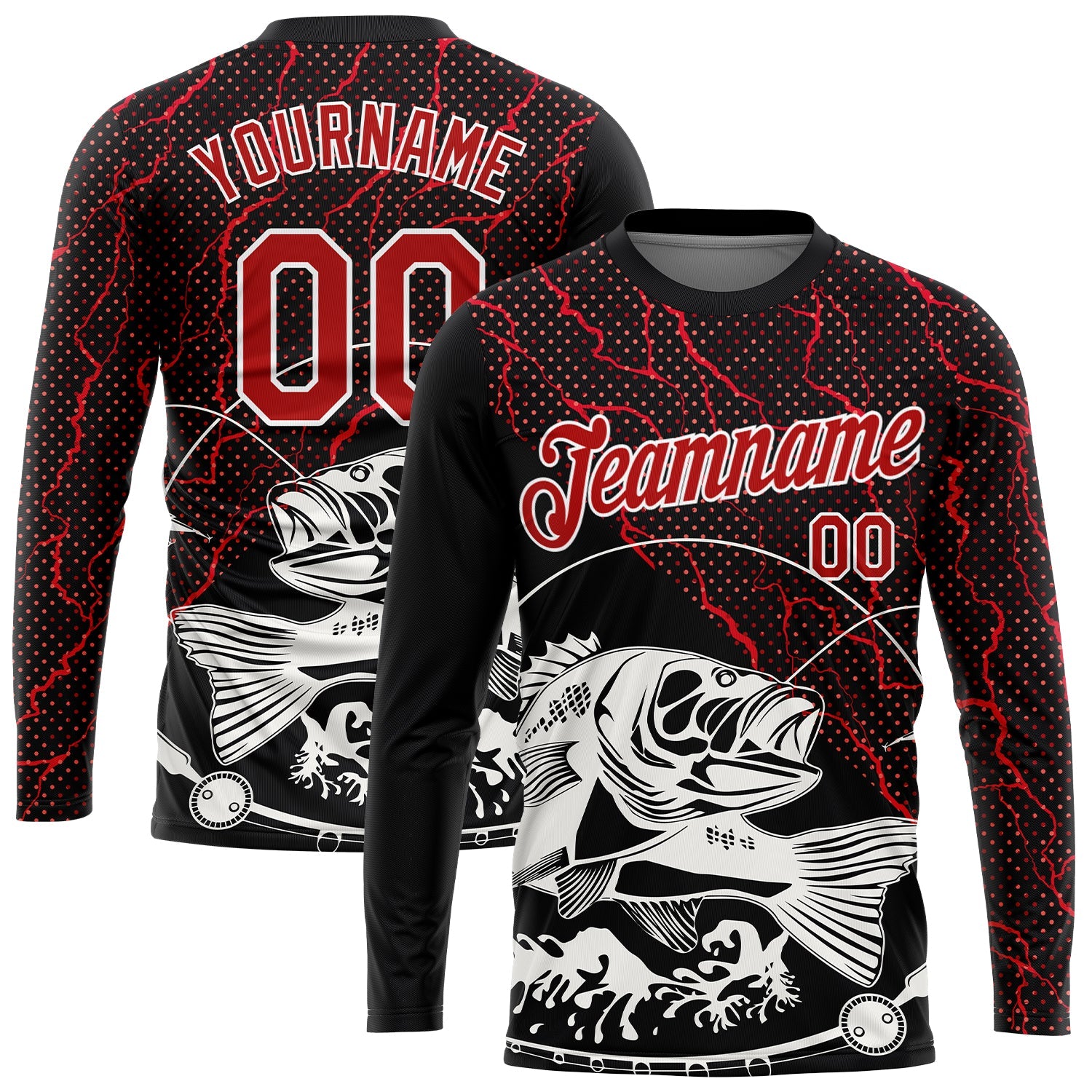 Custom Black Red-White 3D Pattern Design Fishing Performance T-Shirt view 2