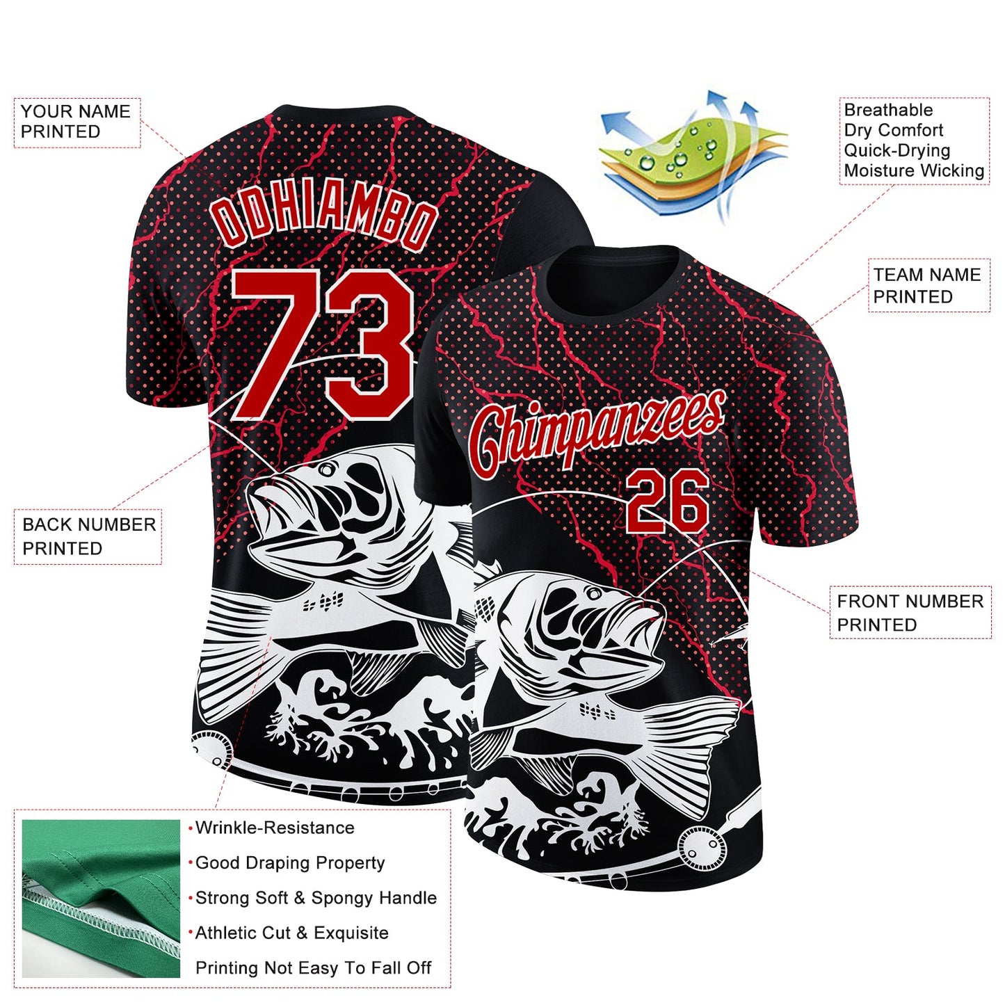 Custom Black Red-White 3D Pattern Design Fishing Performance T-Shirt view 3