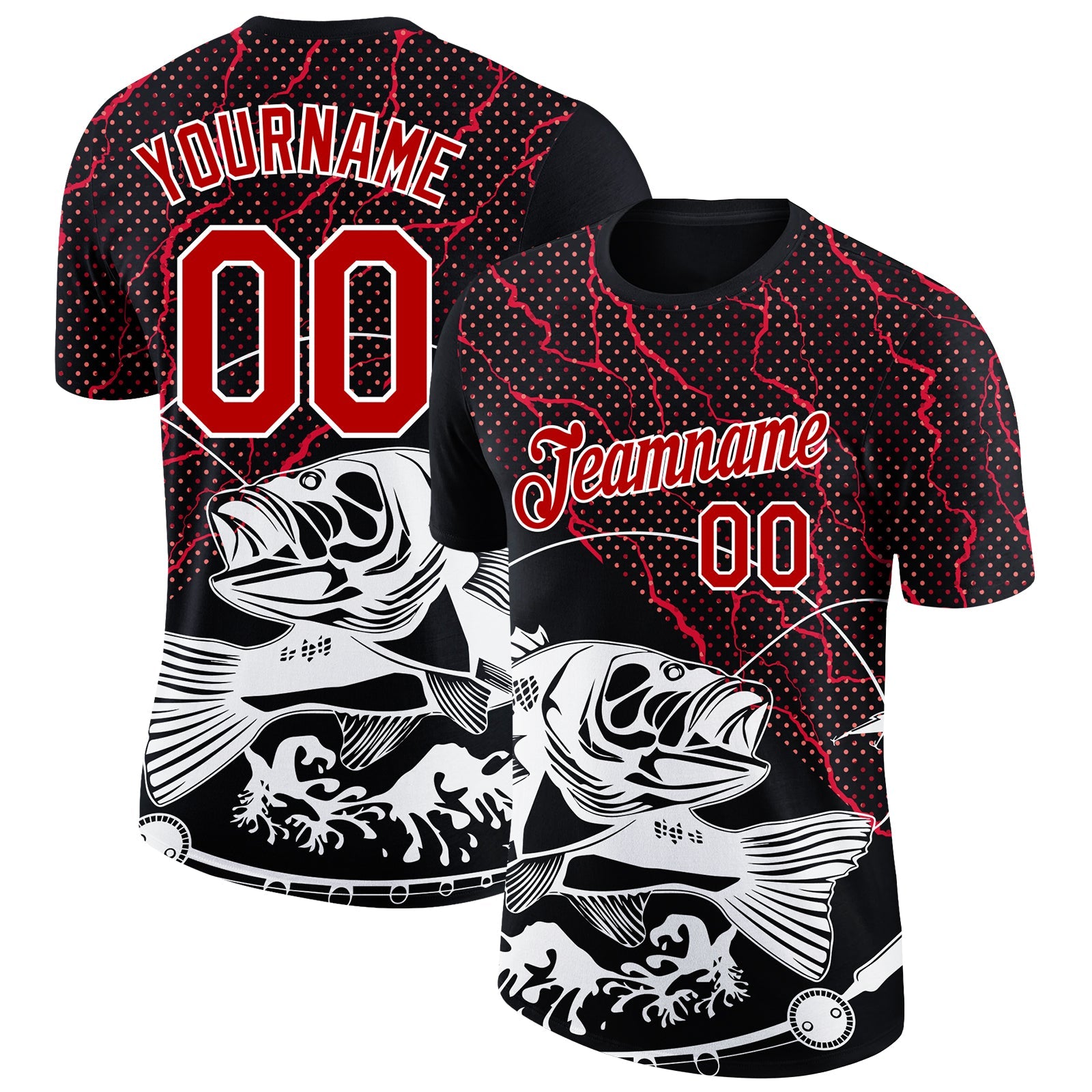 Custom Black Red-White 3D Pattern Design Fishing Performance T-Shirt - Main View