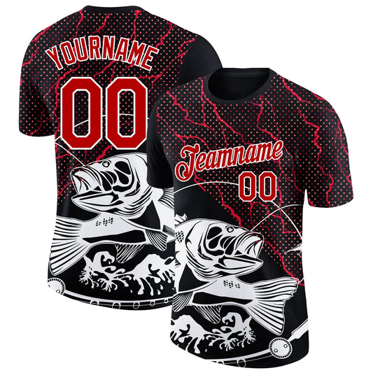 Custom Black Red-White 3D Pattern Design Fishing Performance T-Shirt - Main View