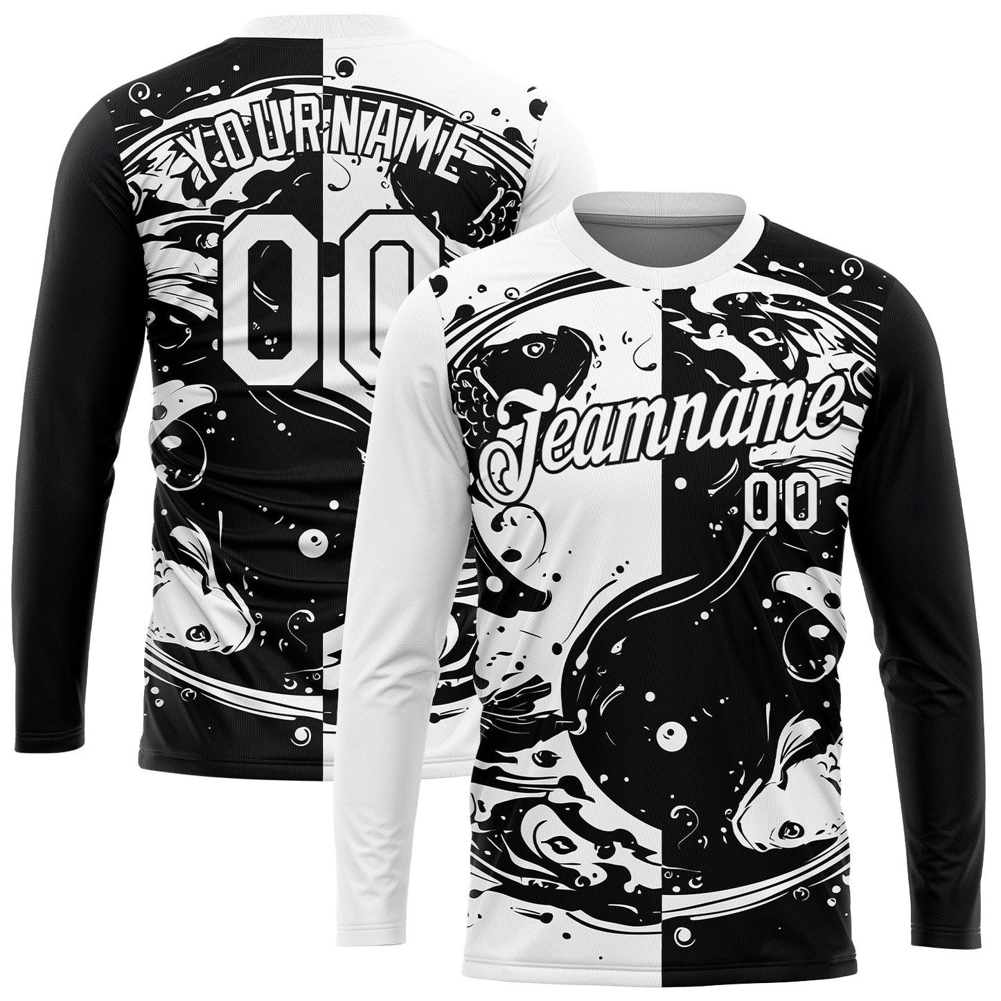 Custom Black White 3D Pattern Design Fishing Yin Yang Symbol With Swirling Fish Performance T-Shirt view 2
