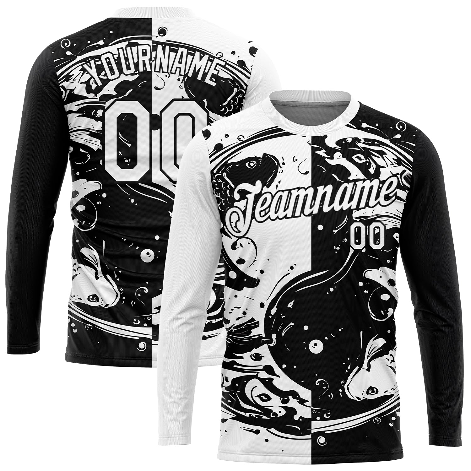 Custom Black White 3D Pattern Design Fishing Yin Yang Symbol With Swirling Fish Performance T-Shirt view 2
