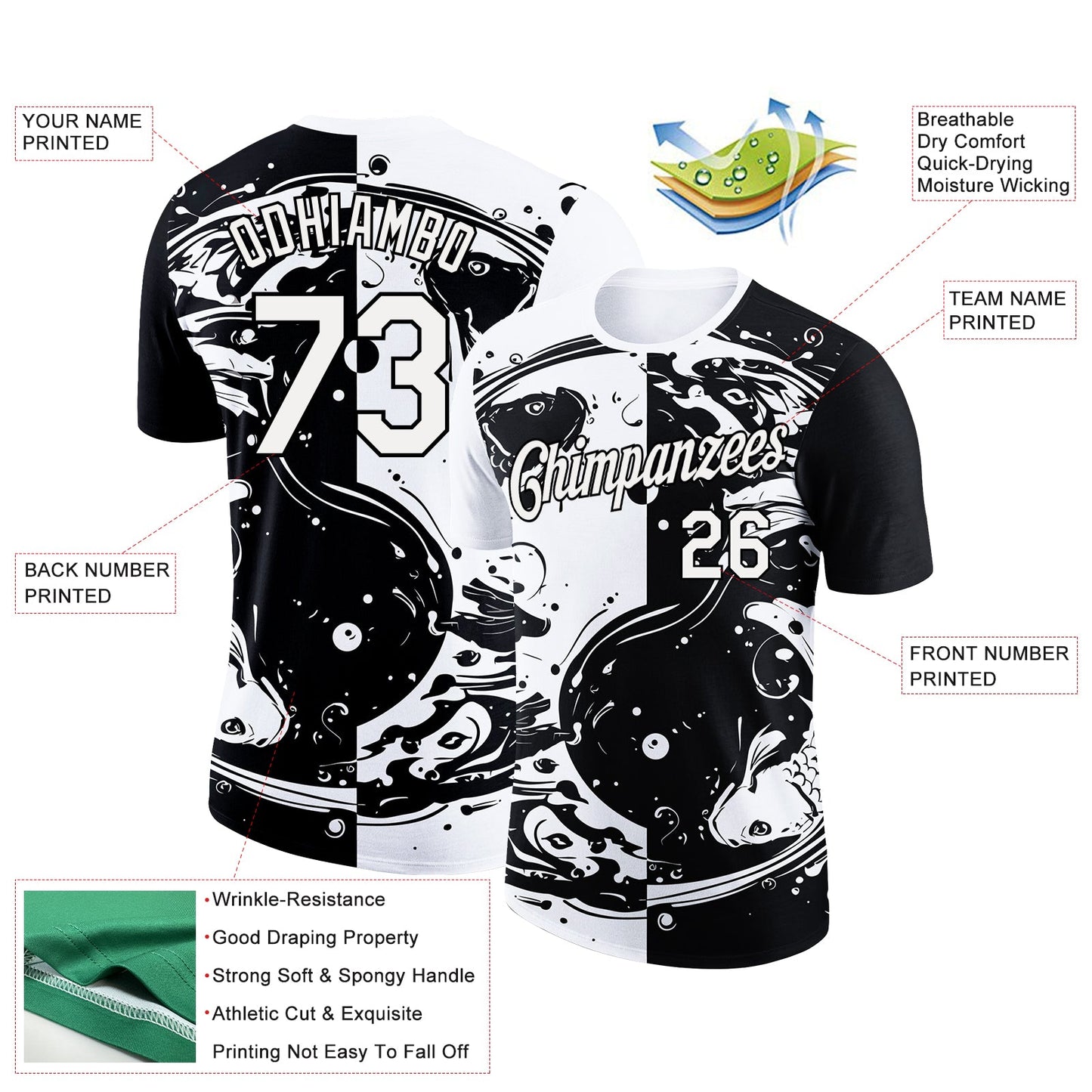 Custom Black White 3D Pattern Design Fishing Yin Yang Symbol With Swirling Fish Performance T-Shirt view 3