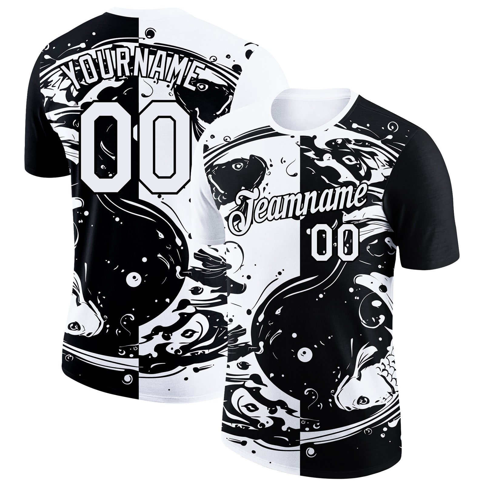 Custom Black White 3D Pattern Design Fishing Yin Yang Symbol With Swirling Fish Performance T-Shirt - Main View