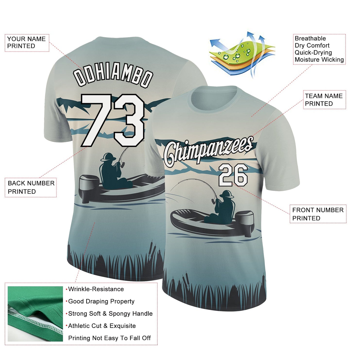 Custom Shadow Blue White-Black 3D Pattern Design Fishing Performance T-Shirt view 3
