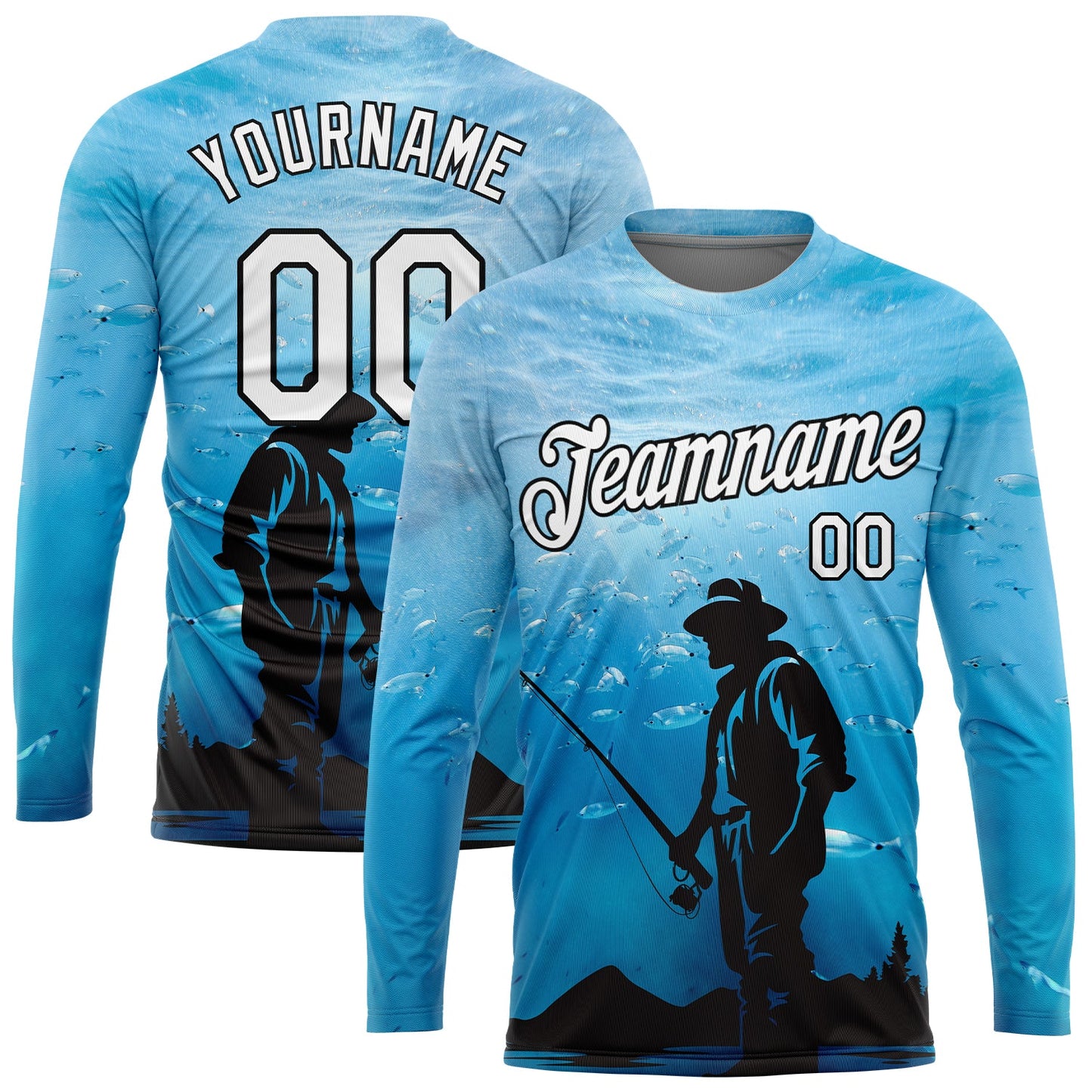 Custom Sky Blue White-Black 3D Pattern Design Fishing Performance T-Shirt view 2