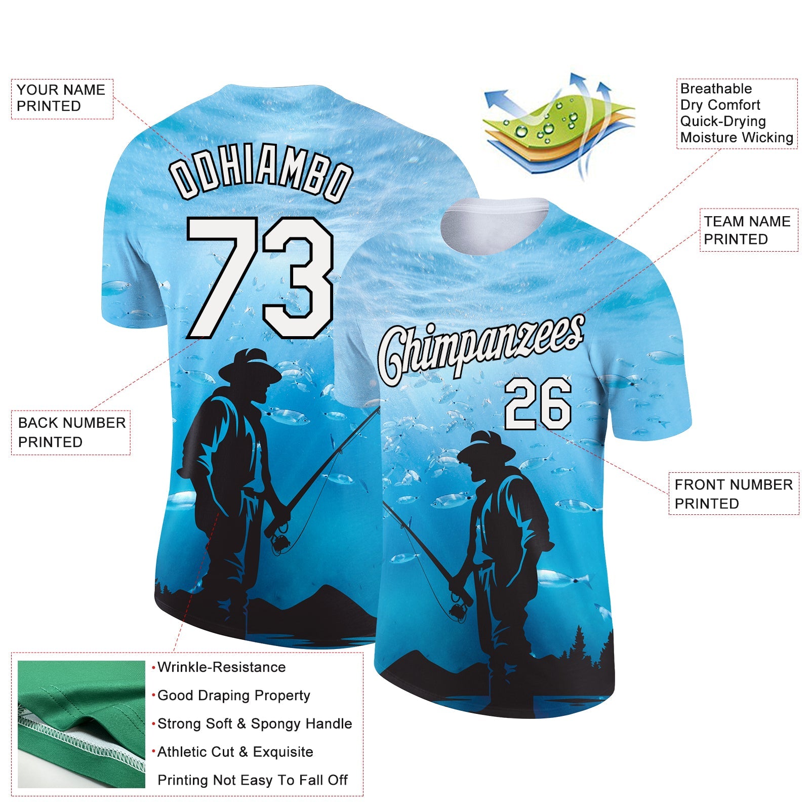 Custom Sky Blue White-Black 3D Pattern Design Fishing Performance T-Shirt view 3