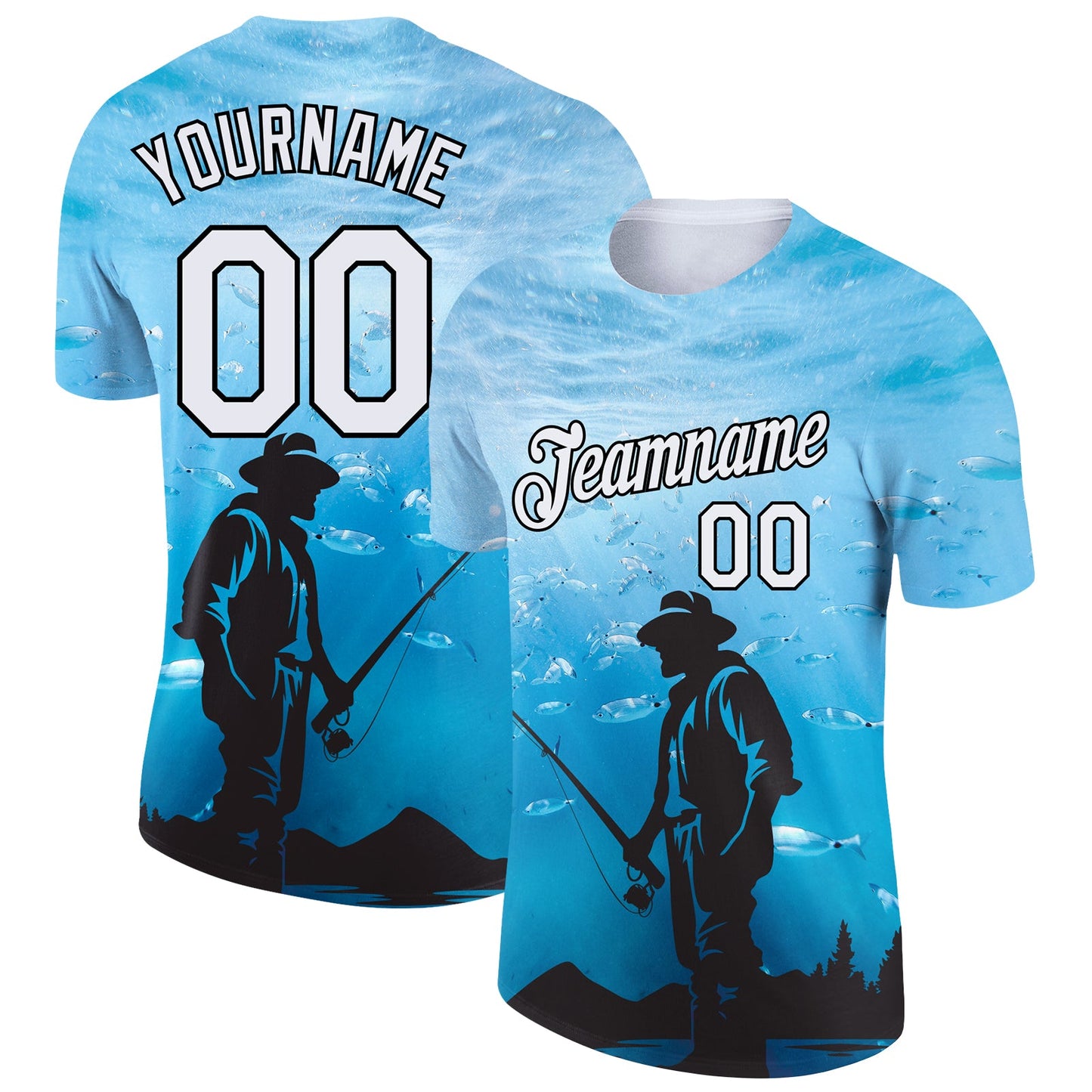 Custom Sky Blue White-Black 3D Pattern Design Fishing Performance T-Shirt - Main View