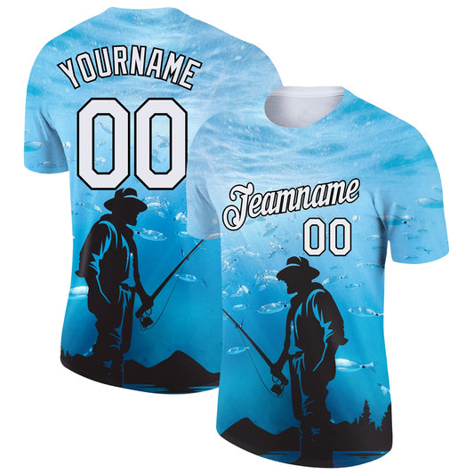 Custom Sky Blue White-Black 3D Pattern Design Fishing Performance T-Shirt - Main View