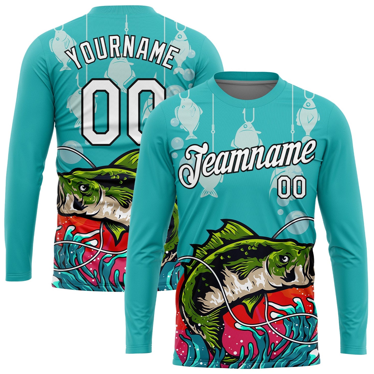 Custom Aqua White-Black 3D Pattern Design Big Bass Fish Fishing Performance T-Shirt view 2