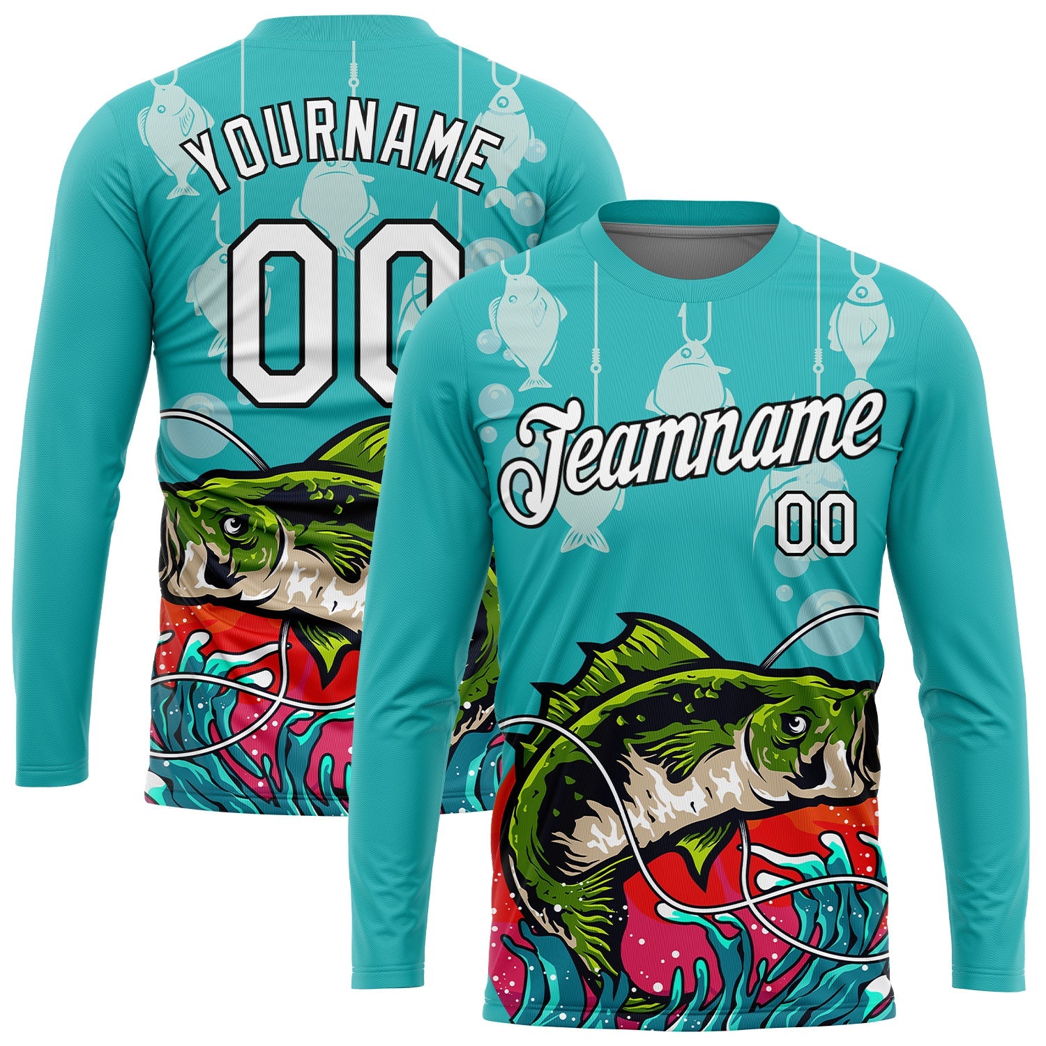 Custom Aqua White-Black 3D Pattern Design Big Bass Fish Fishing Performance T-Shirt view 2