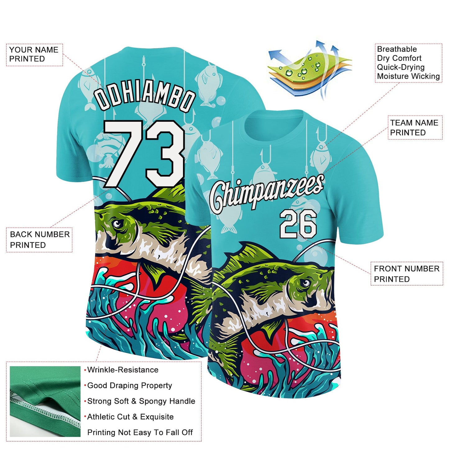 Custom Aqua White-Black 3D Pattern Design Big Bass Fish Fishing Performance T-Shirt view 3