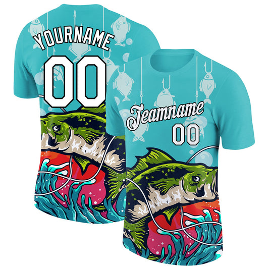 Custom Aqua White-Black 3D Pattern Design Big Bass Fish Fishing Performance T-Shirt - Main View