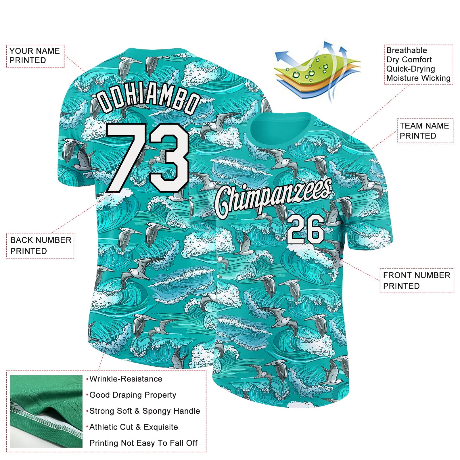 Custom Aqua White-Black 3D Pattern Design Sea Wave Fishing Performance T-Shirt view 3