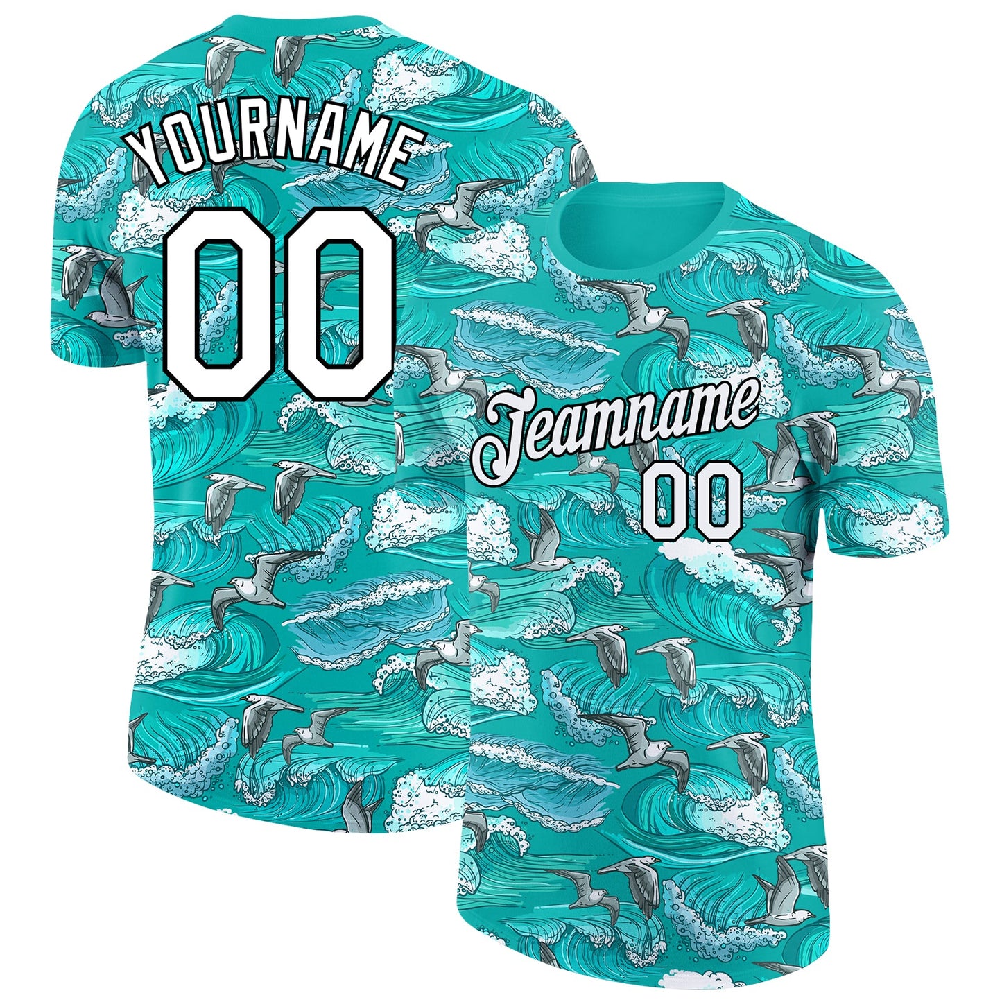 Custom Aqua White-Black 3D Pattern Design Sea Wave Fishing Performance T-Shirt - Main View